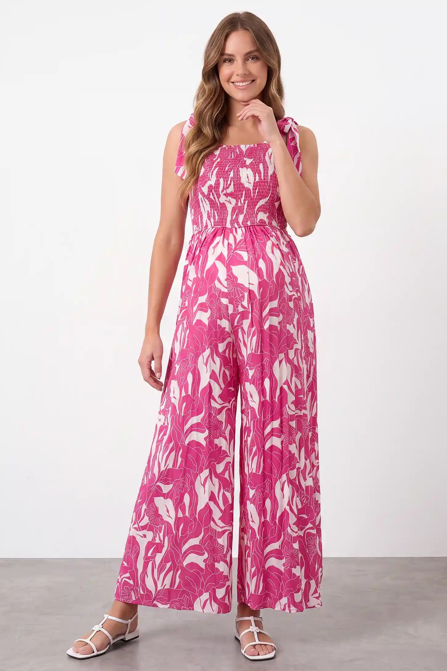 Adjustable Tie Strap Smocked Bodice Wide Leg Maternity Jumpsuit