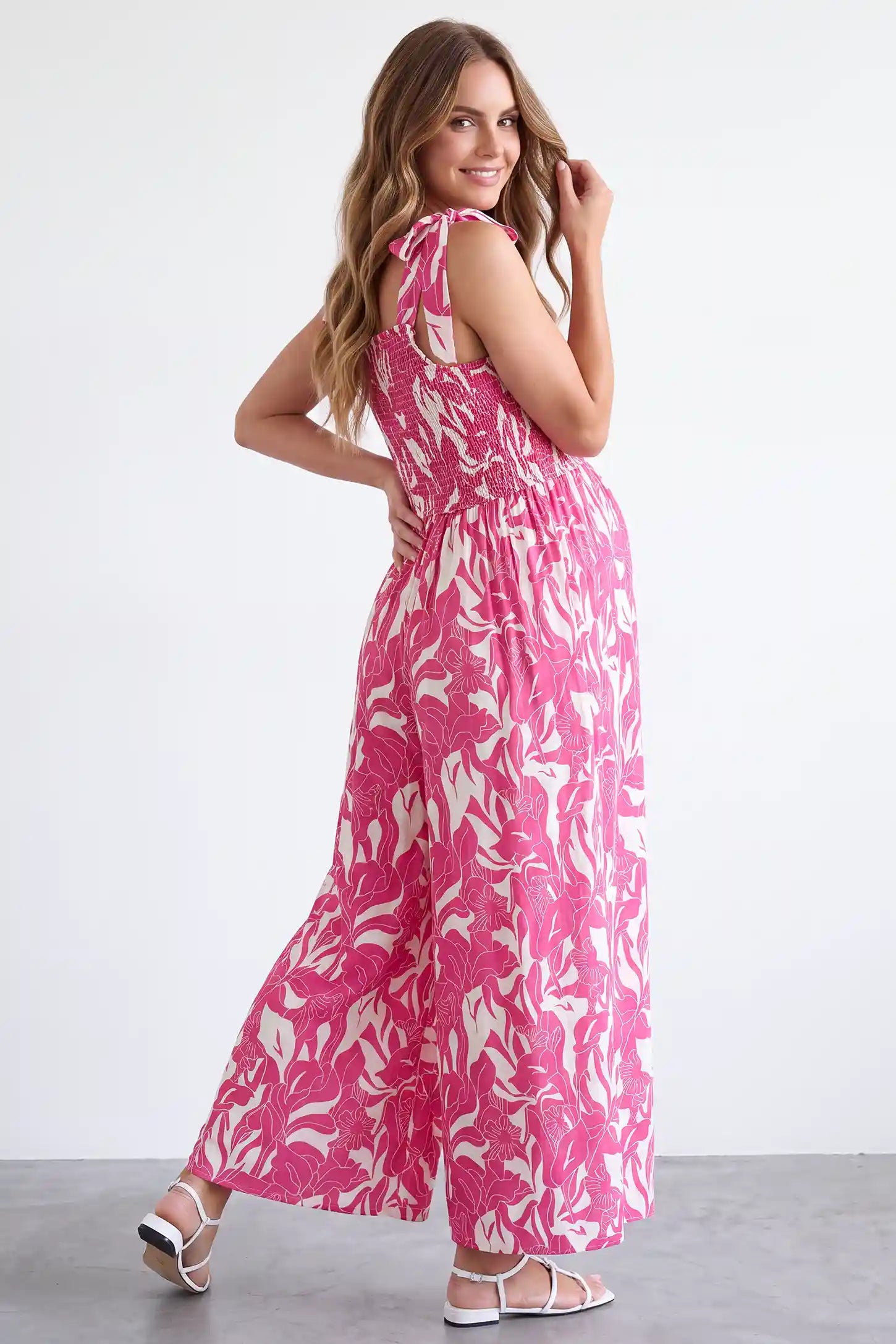 Adjustable Tie Strap Smocked Bodice Wide Leg Maternity Jumpsuit