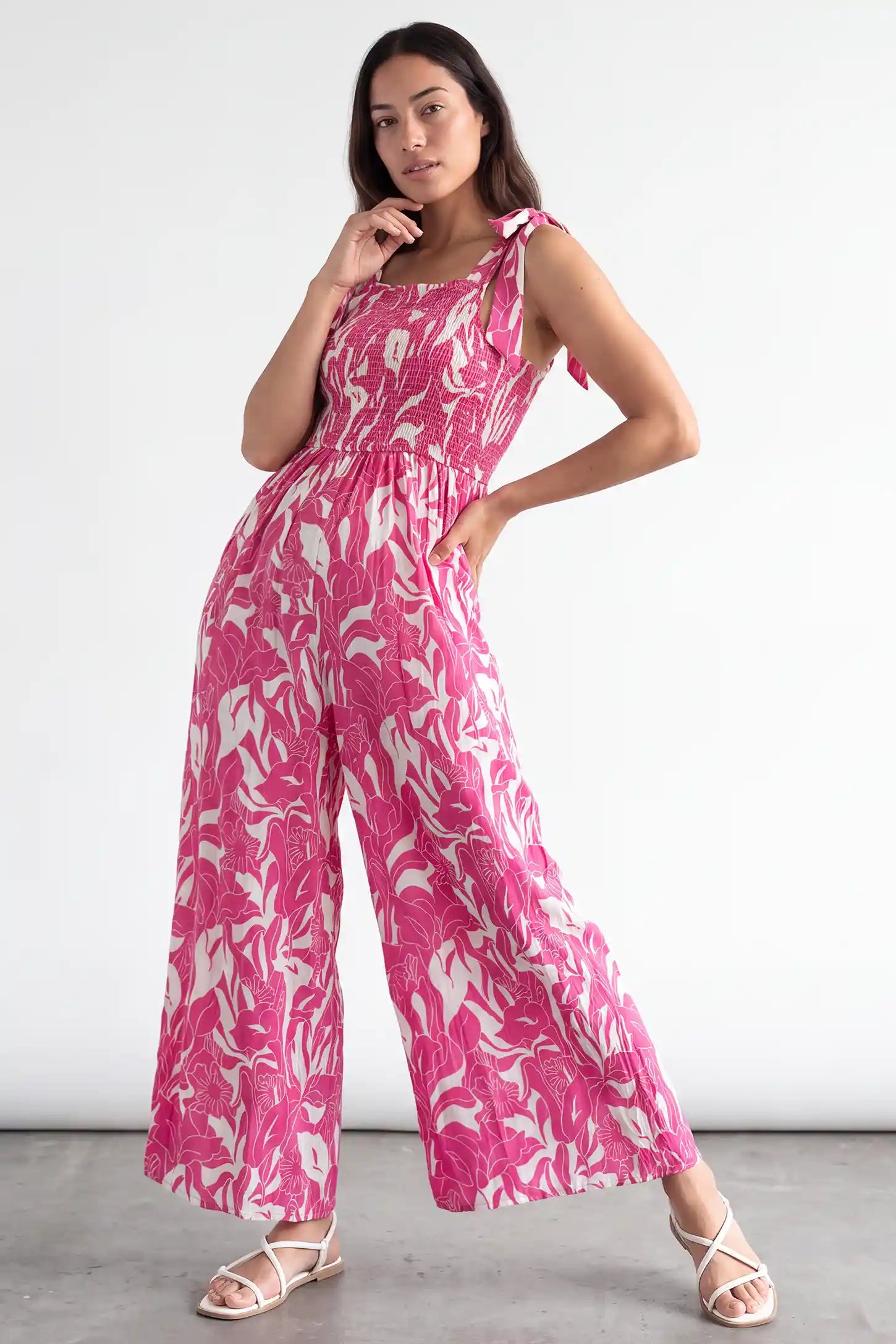Adjustable Tie Strap Smocked Bodice Wide Leg Maternity Jumpsuit
