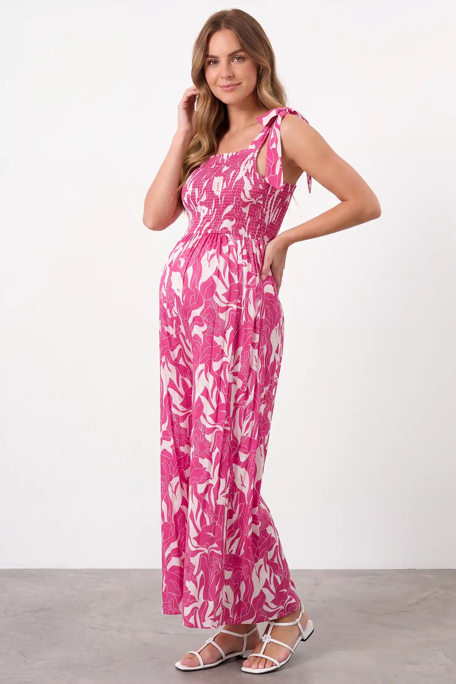 Adjustable Tie Strap Smocked Bodice Wide Leg Maternity Jumpsuit
