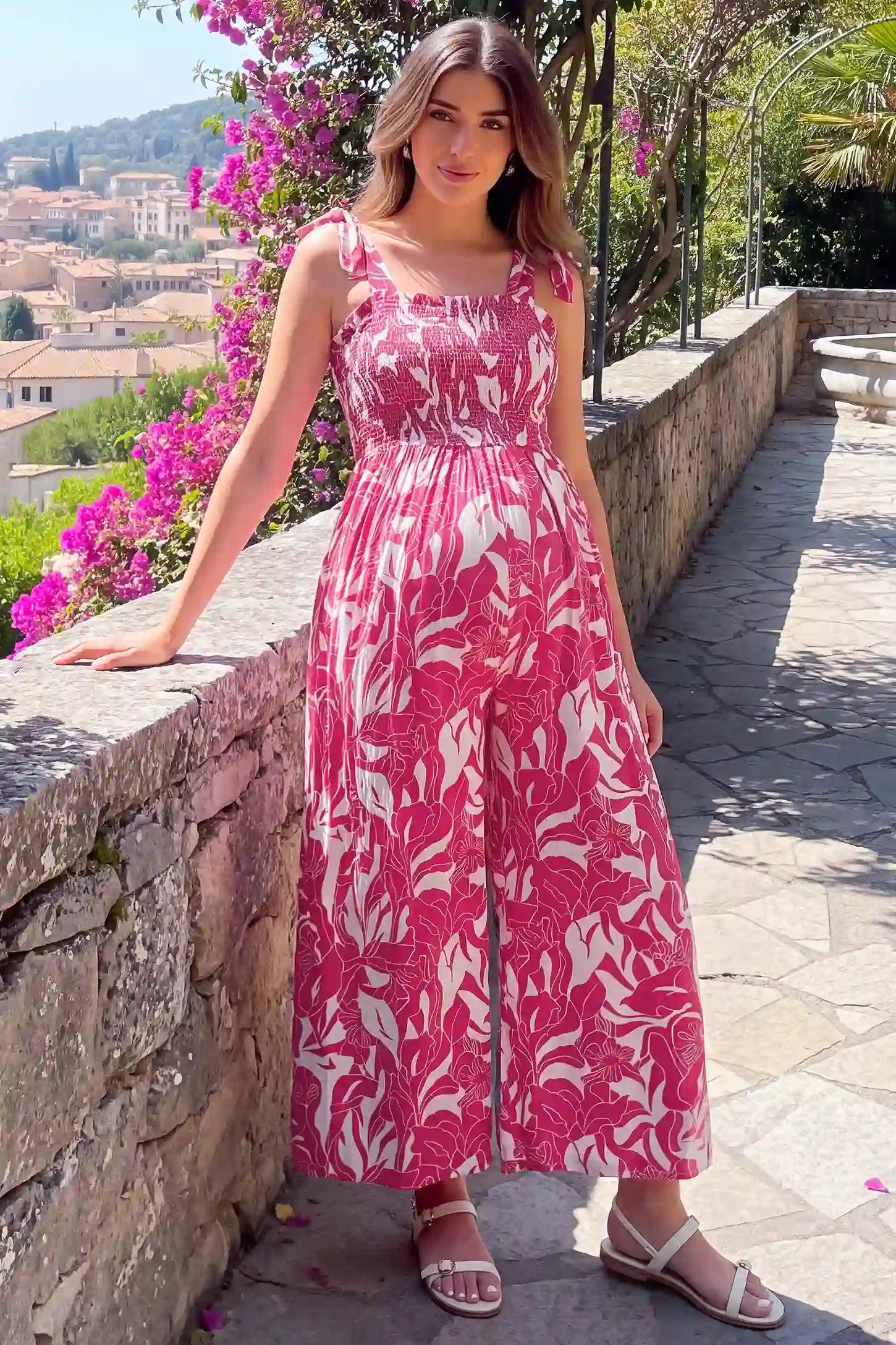 Adjustable Tie Strap Smocked Bodice Wide Leg Maternity Jumpsuit