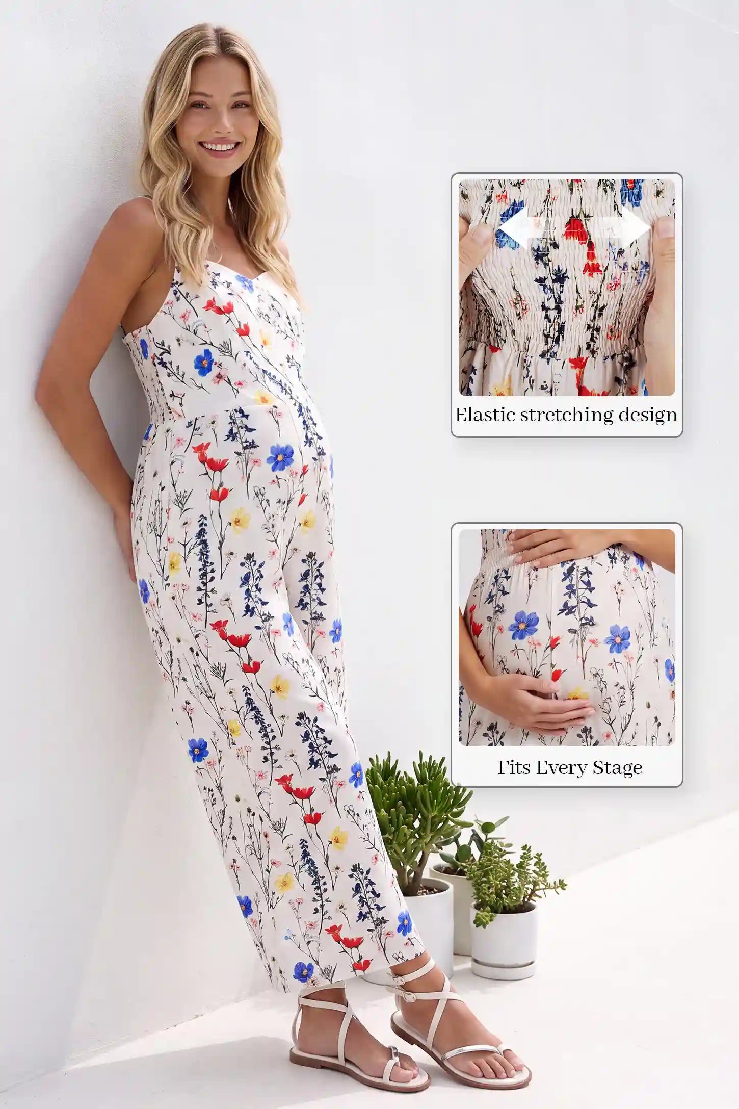 Adjustable-Strap Stretch-Back Maternity Jumpsuit