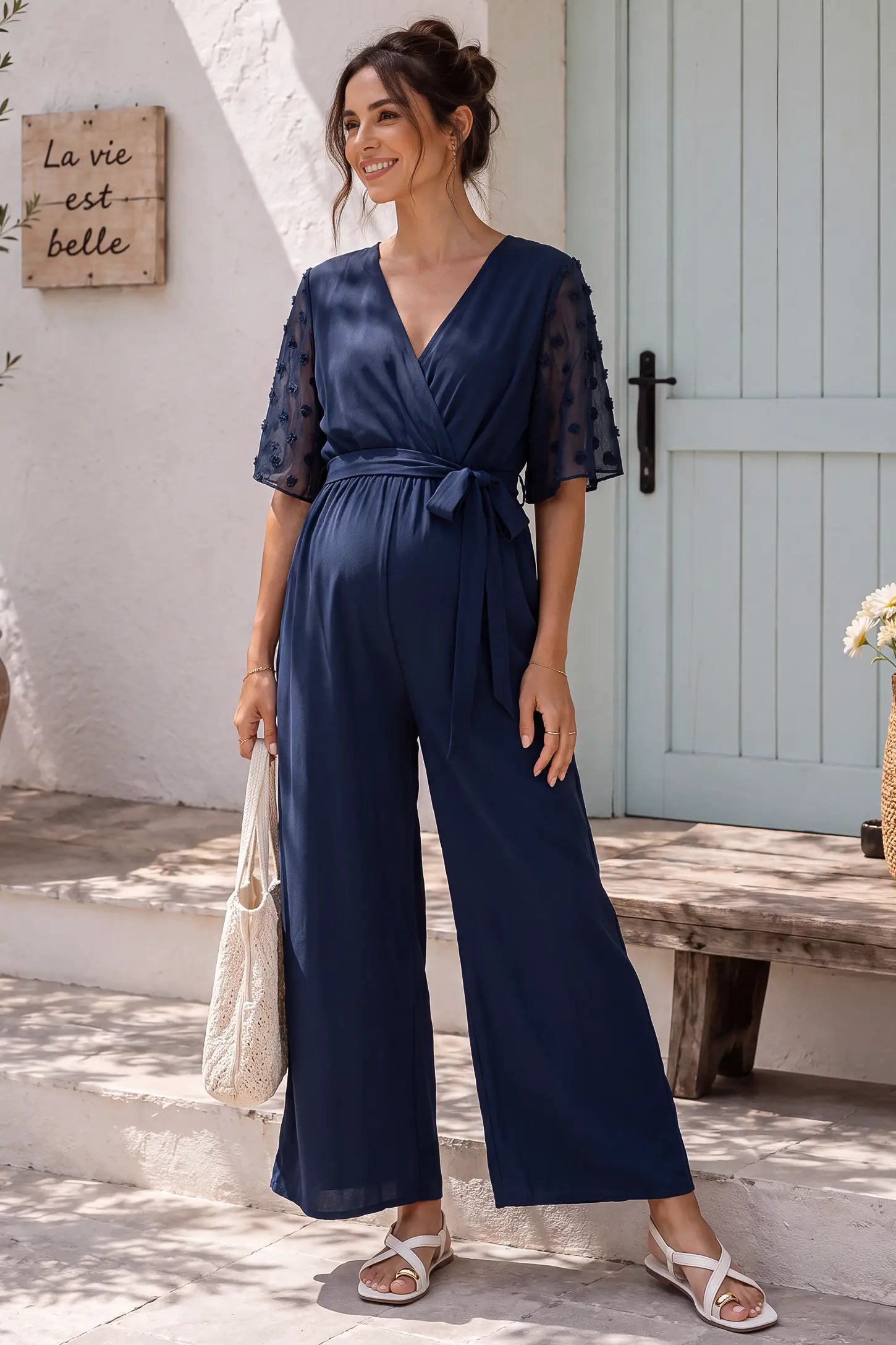 Swiss Dot Sleeve Wide-Leg Maternity Jumpsuit