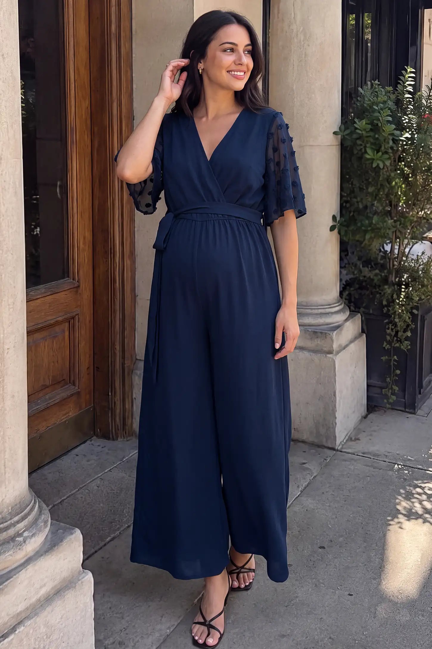 Swiss Dot Sleeve Wide-Leg Maternity Jumpsuit