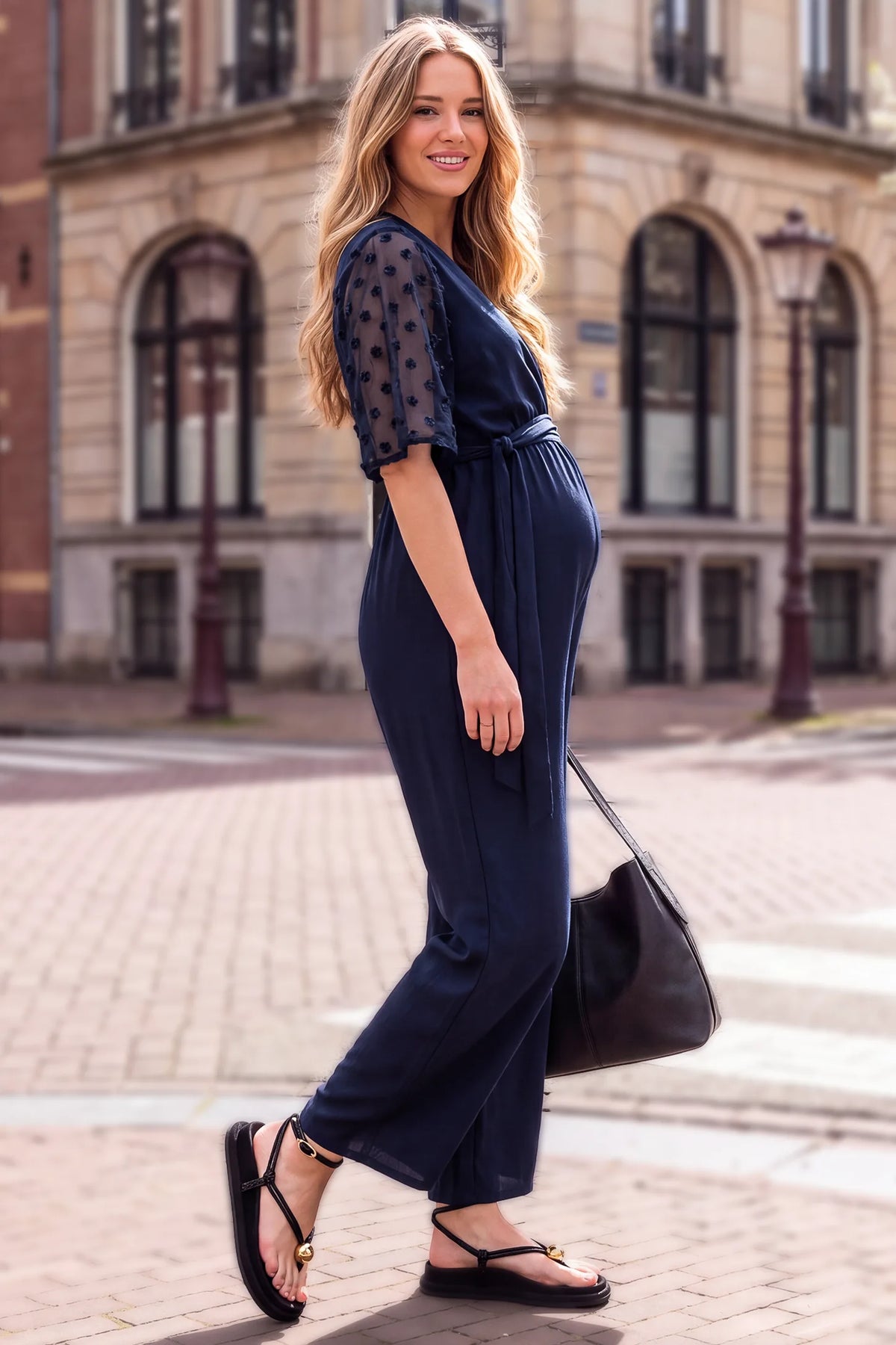 Swiss Dot Sleeve Wide-Leg Maternity Jumpsuit