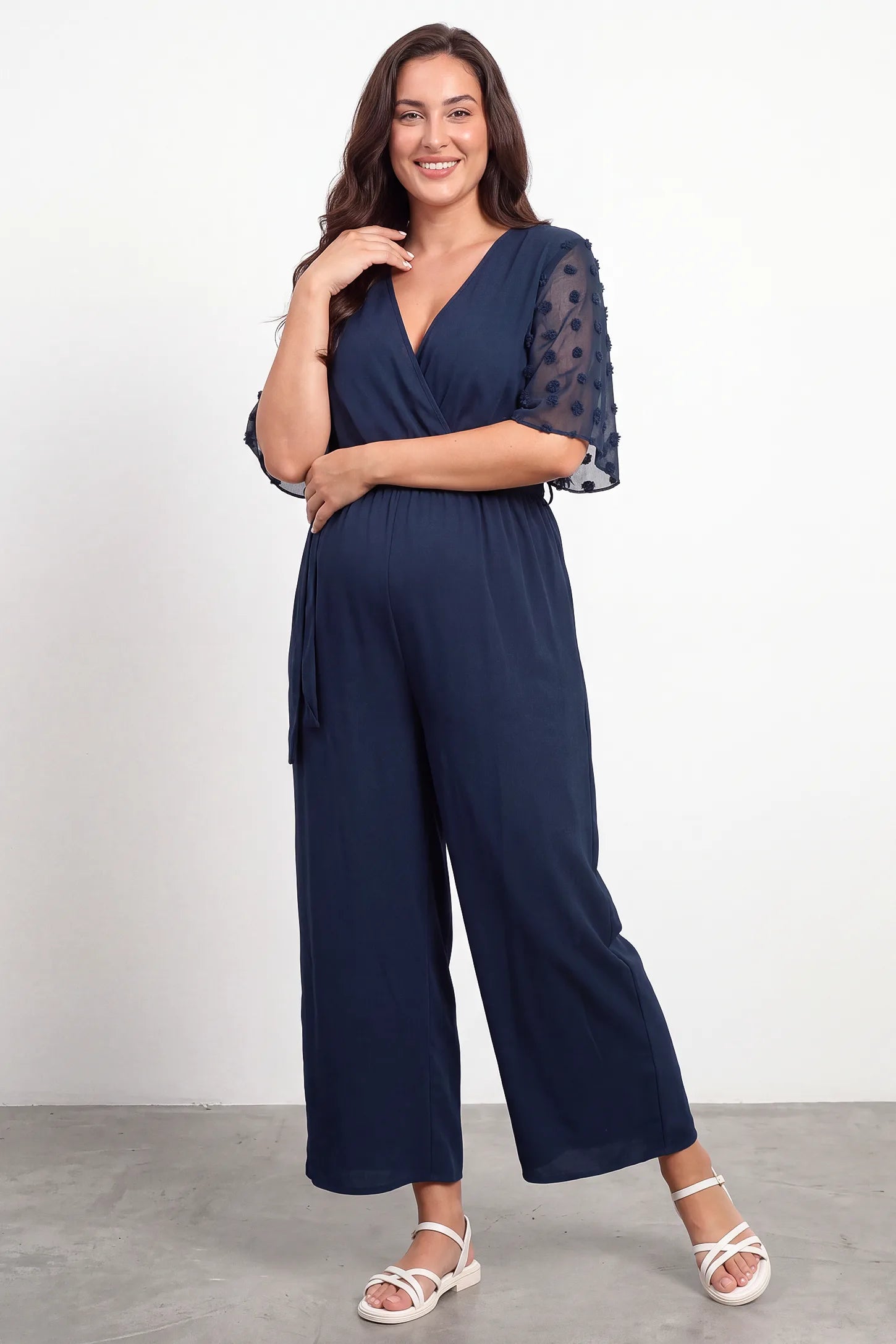 Swiss Dot Sleeve Wide-Leg Maternity Jumpsuit