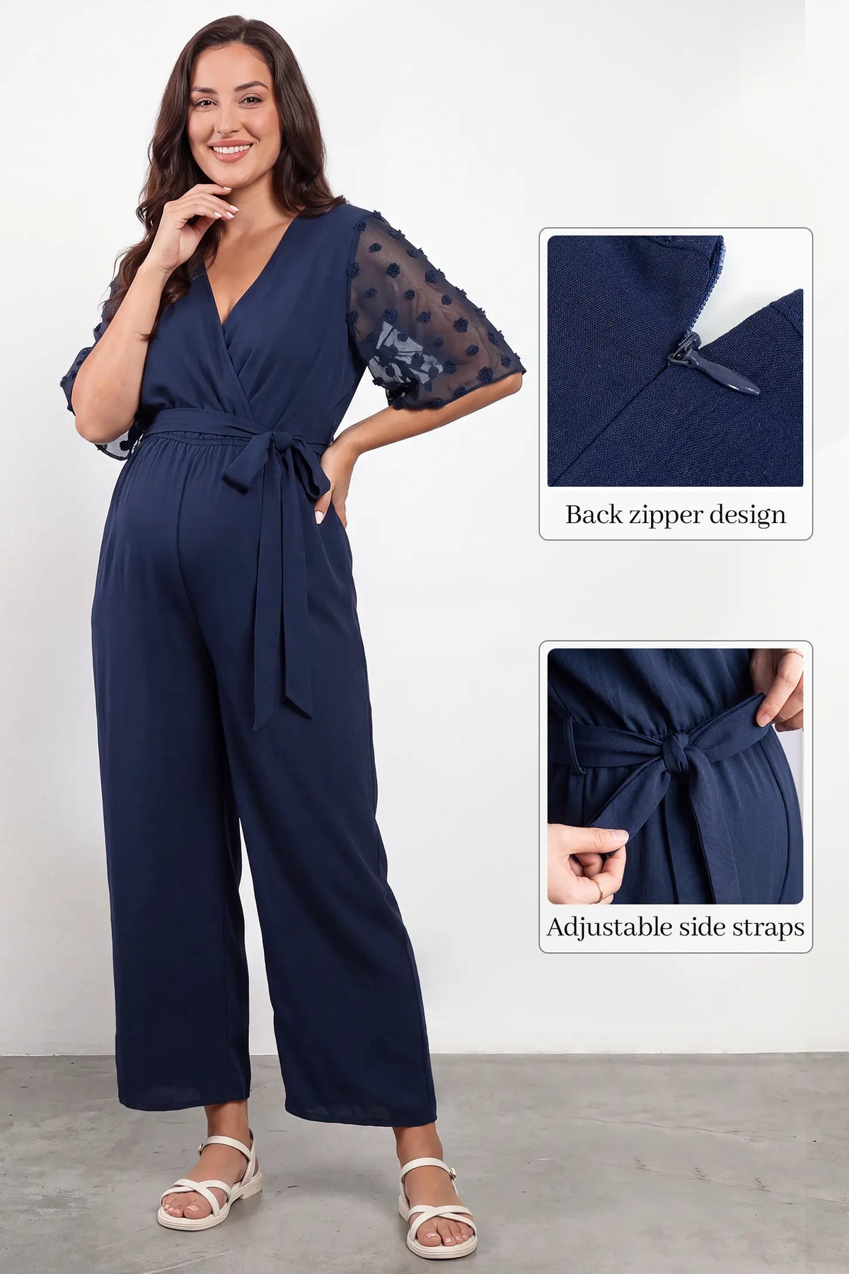 Swiss Dot Sleeve Wide-Leg Maternity Jumpsuit