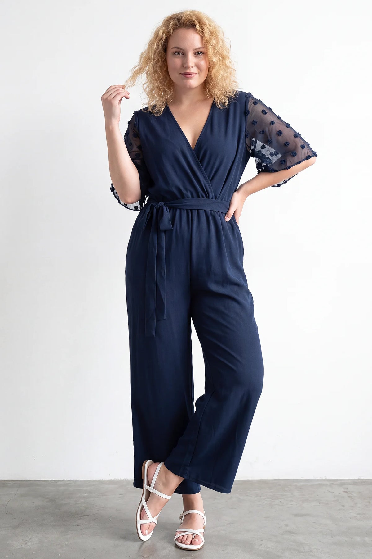 Swiss Dot Sleeve Wide-Leg Maternity Jumpsuit