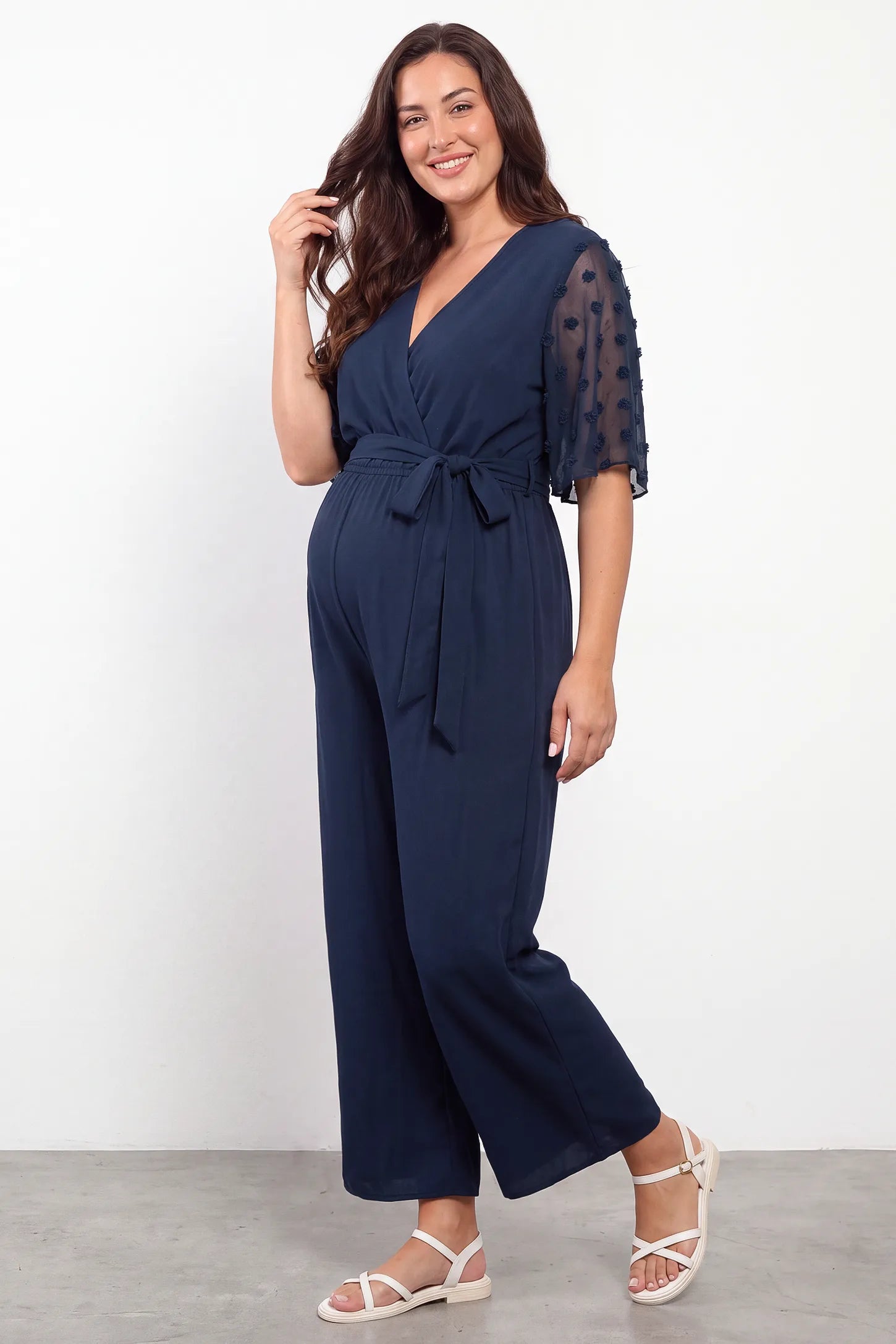 Swiss Dot Sleeve Wide-Leg Maternity Jumpsuit
