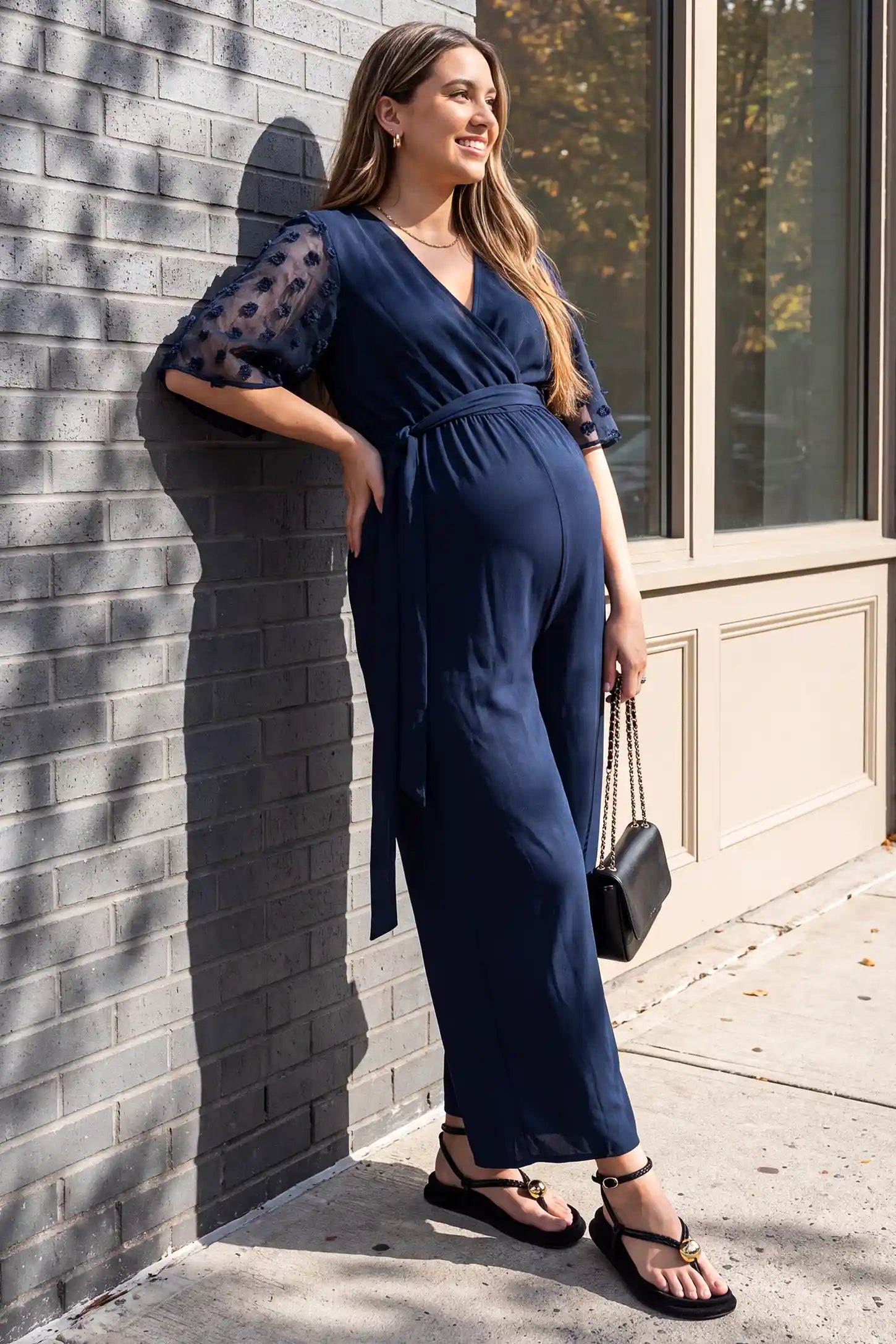Swiss Dot Sleeve Wide-Leg Maternity Jumpsuit
