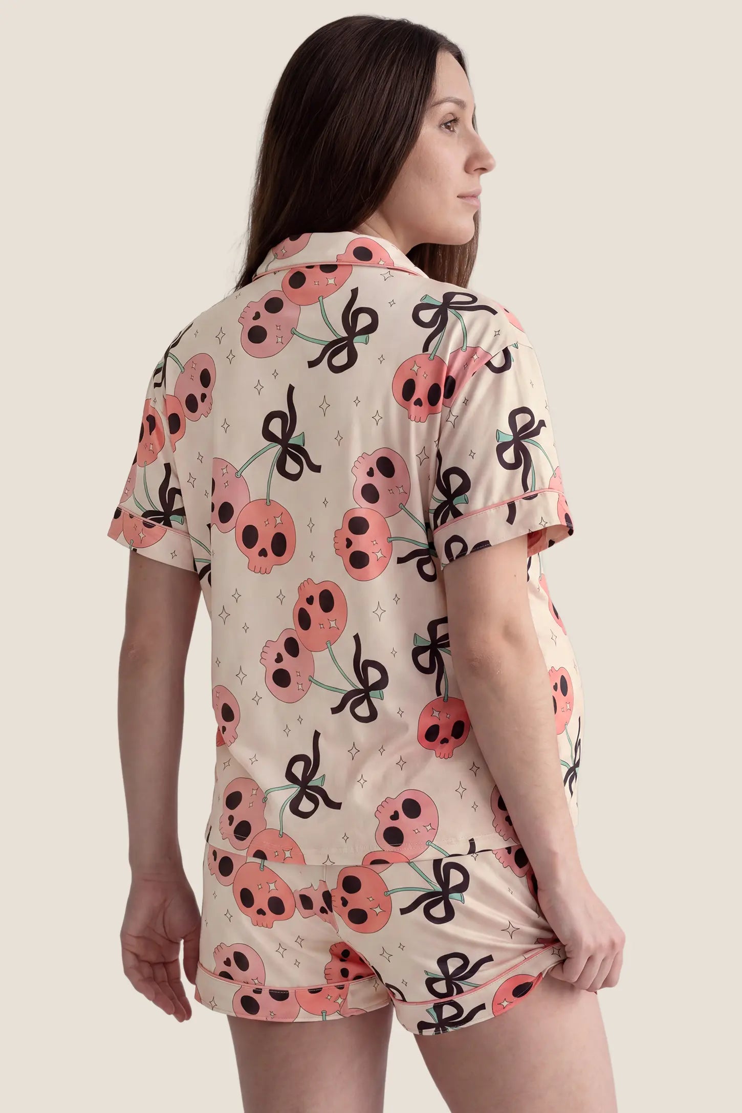 Pink Skull Cherry Button-Up Maternity Pajama Set