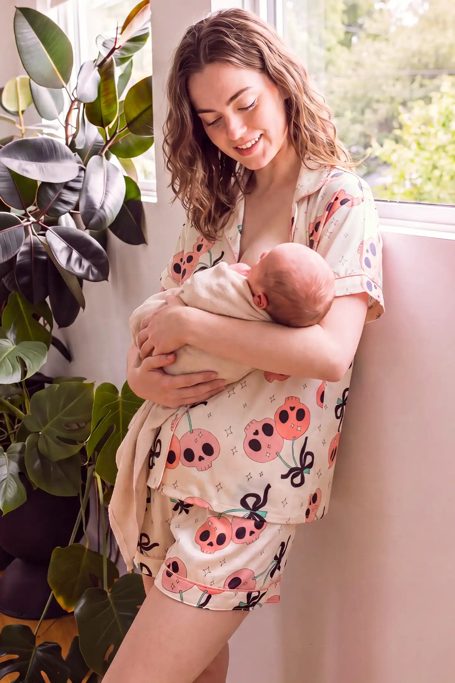 Pink Skull Cherry Button-Up Maternity Pajama Set