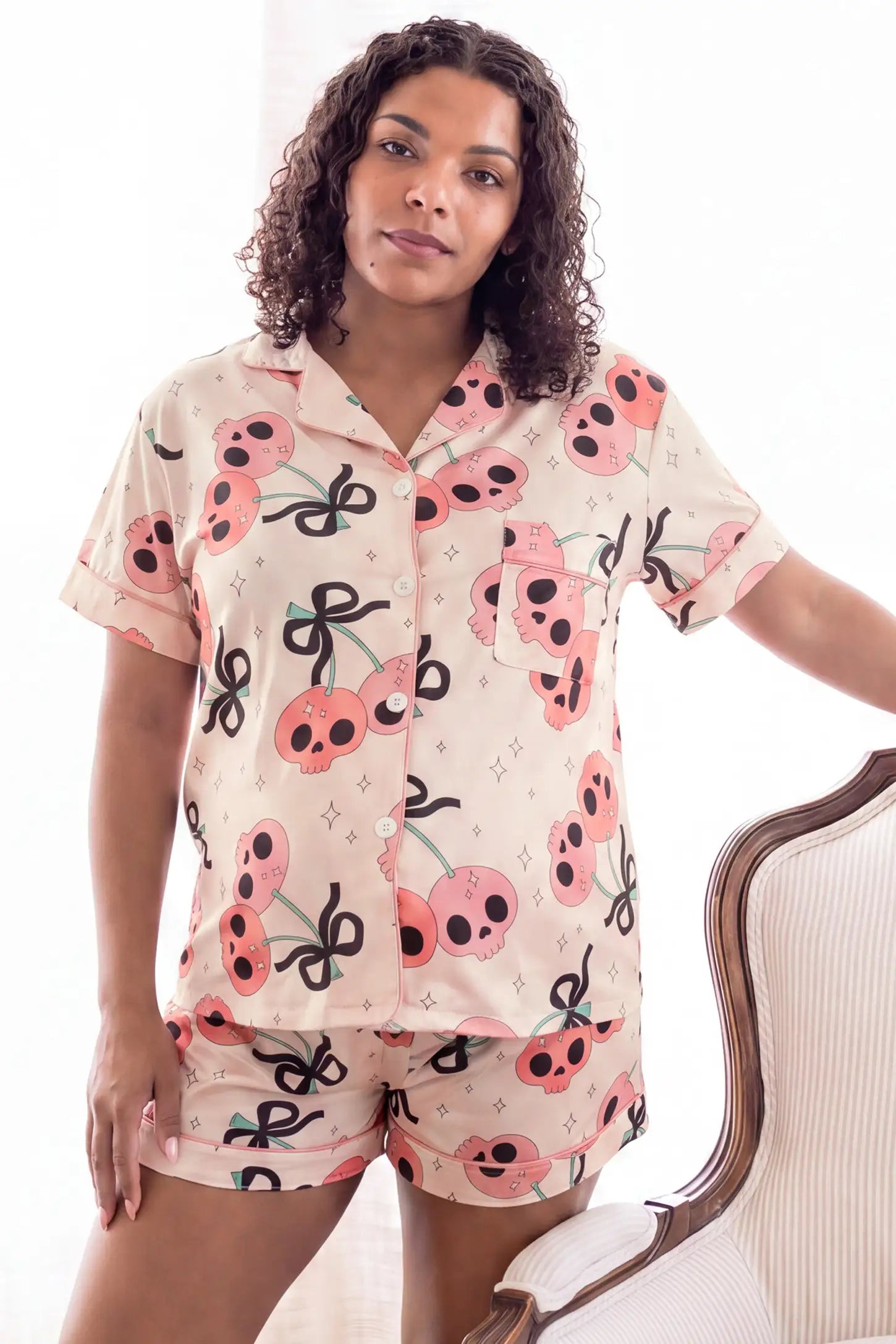Pink Skull Cherry Button-Up Maternity Pajama Set