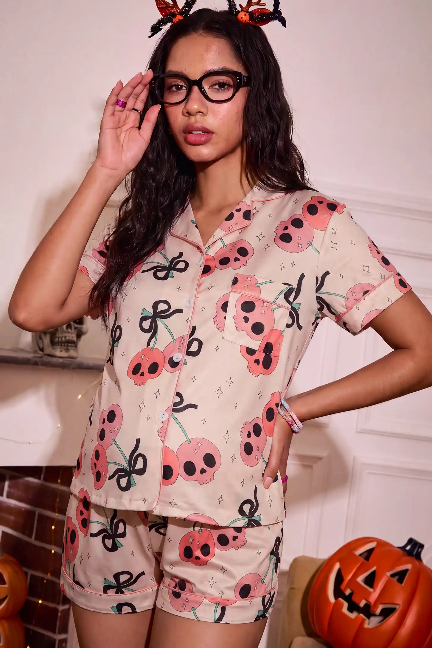 Pink Skull Cherry Button-Up Maternity Pajama Set