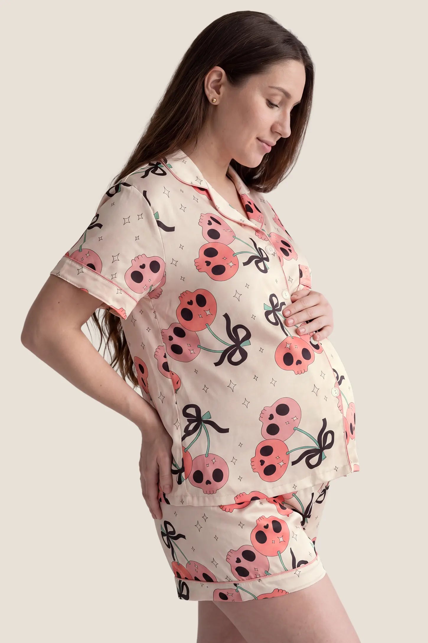 Pink Skull Cherry Button-Up Maternity Pajama Set