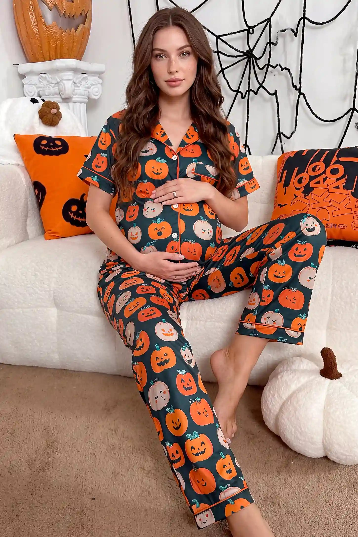 Pumpkin Spice Maternity Pajama Set with Button-Up Top & Pants