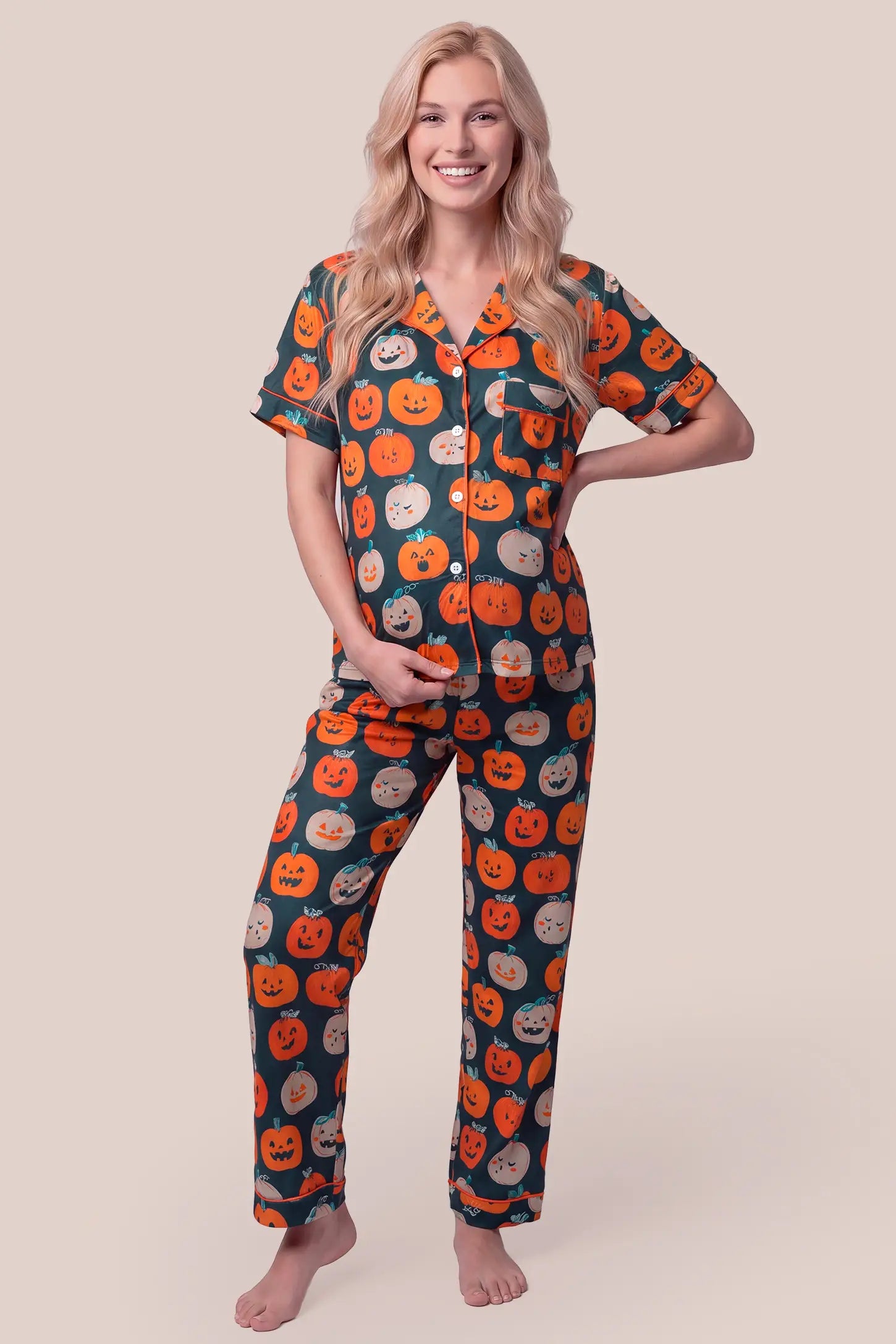 Pumpkin Spice Maternity Pajama Set with Button-Up Top & Pants