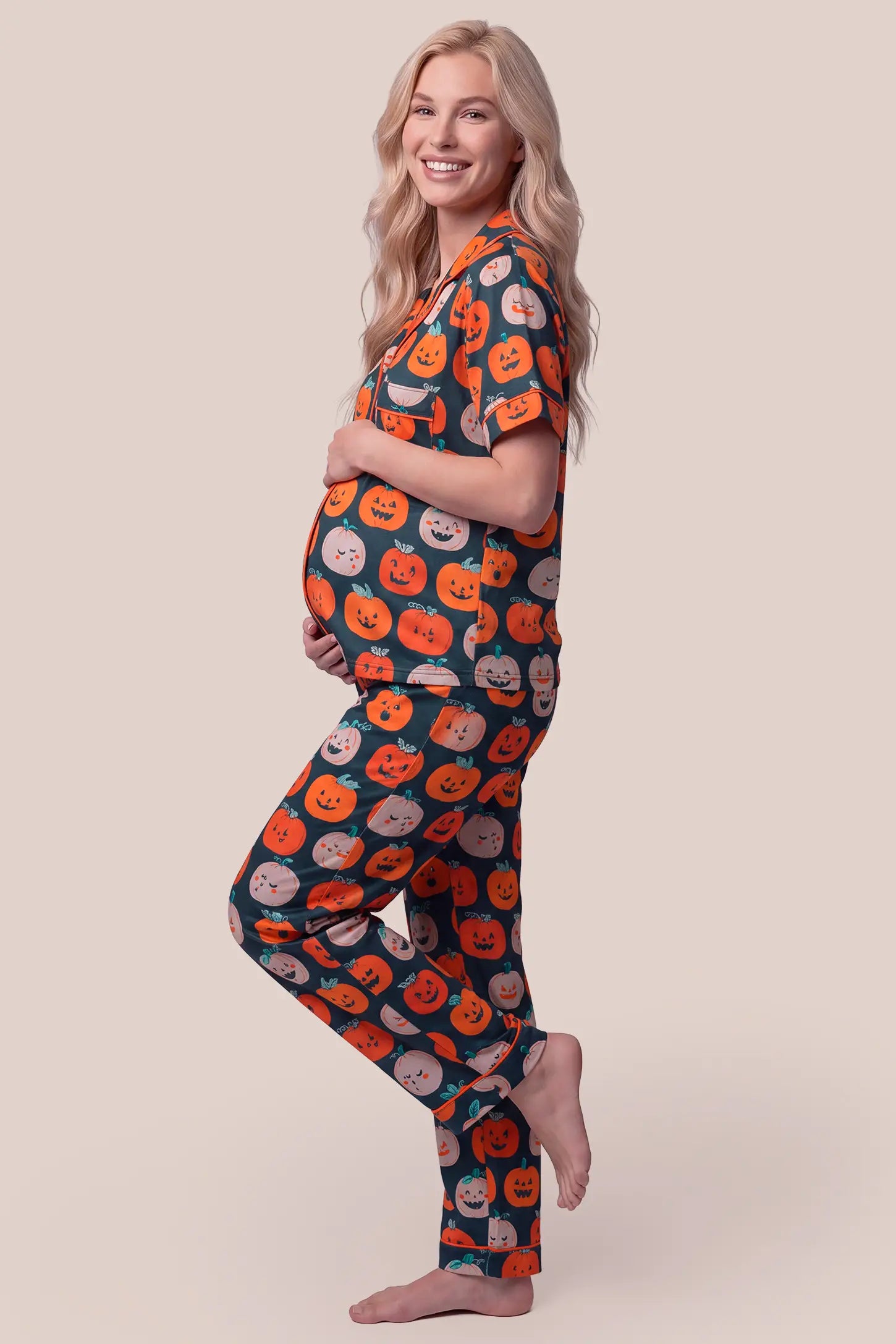 Pumpkin Spice Maternity Pajama Set with Button-Up Top & Pants