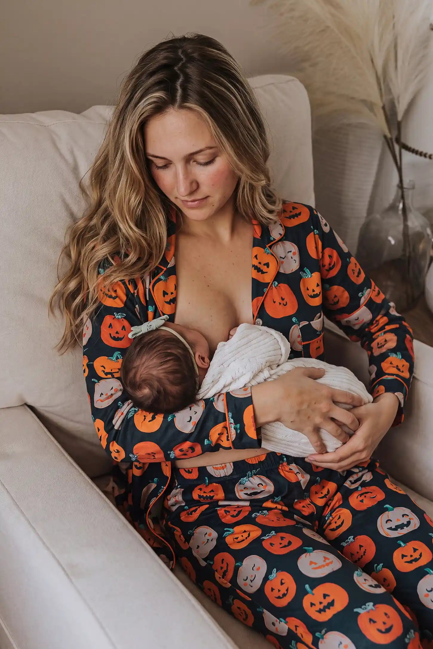 Pumpkin Spice Maternity Pajama Set with Button-Up Top & Pants