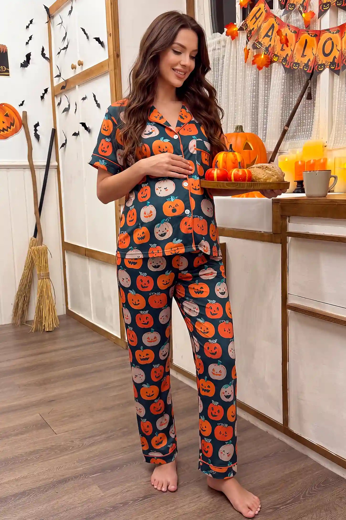 Pumpkin Spice Maternity Pajama Set with Button-Up Top & Pants