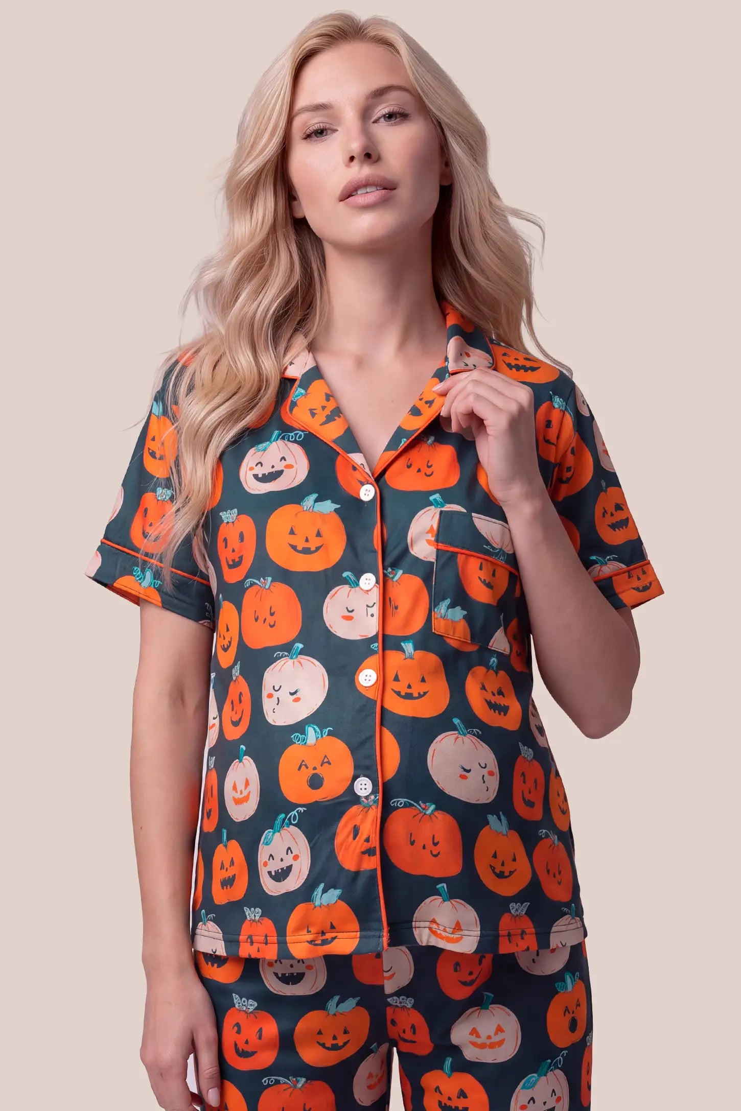 Pumpkin Spice Maternity Pajama Set with Button-Up Top & Pants