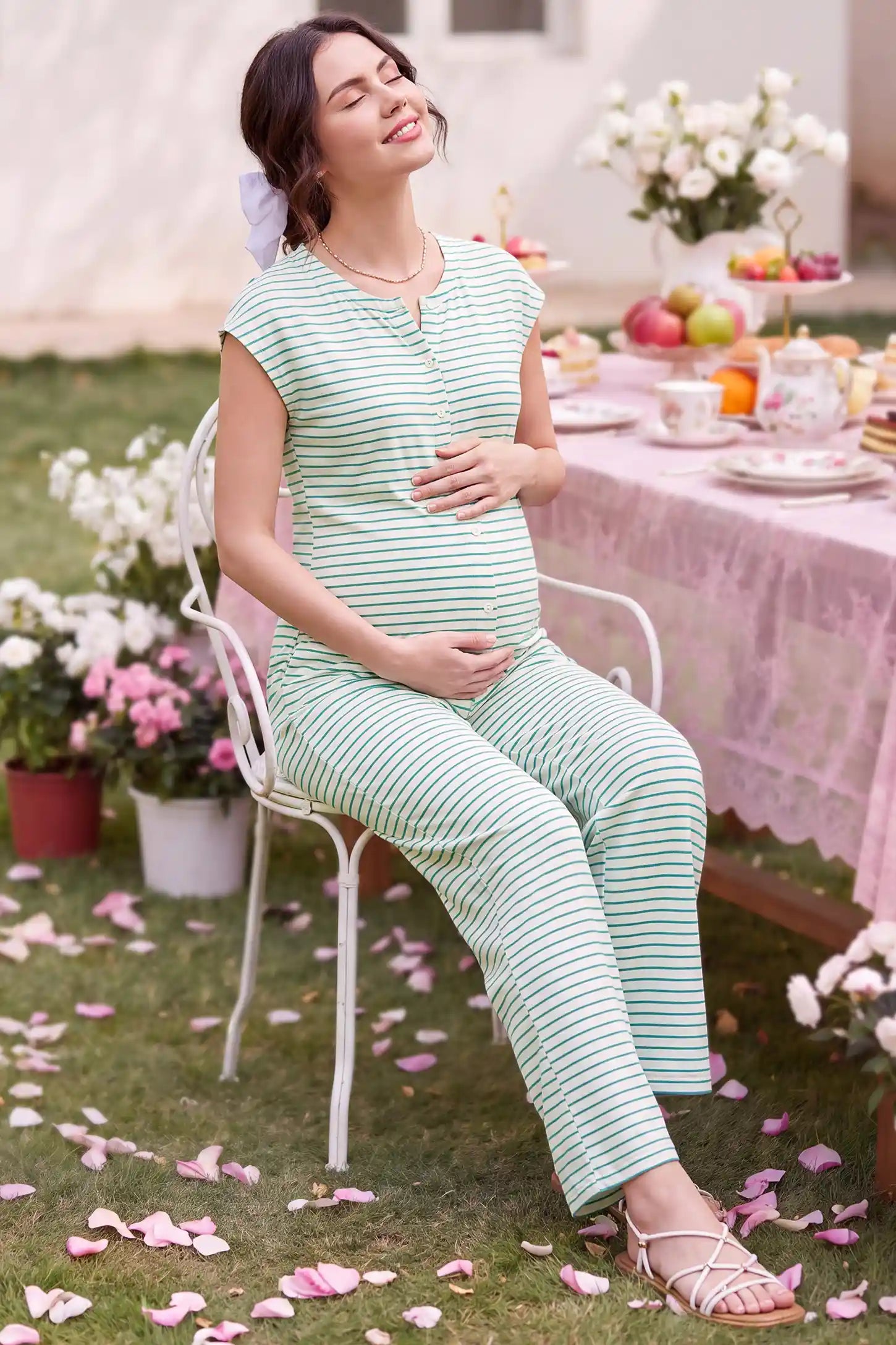 Striped Button-Front Maternity Wide-Leg Jumpsuit