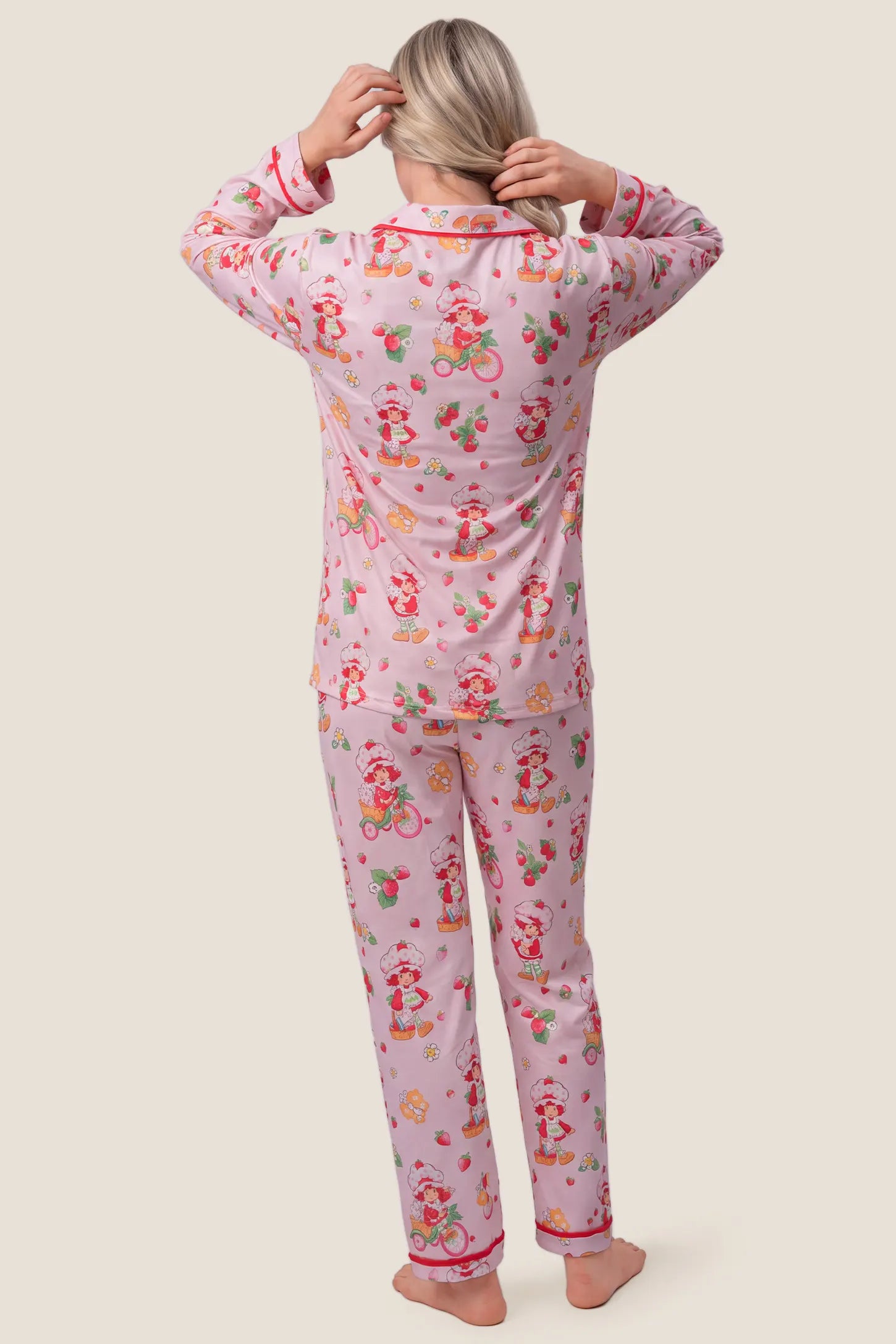 Strawberry Girl Print Satin Long Sleeve Pajama Set