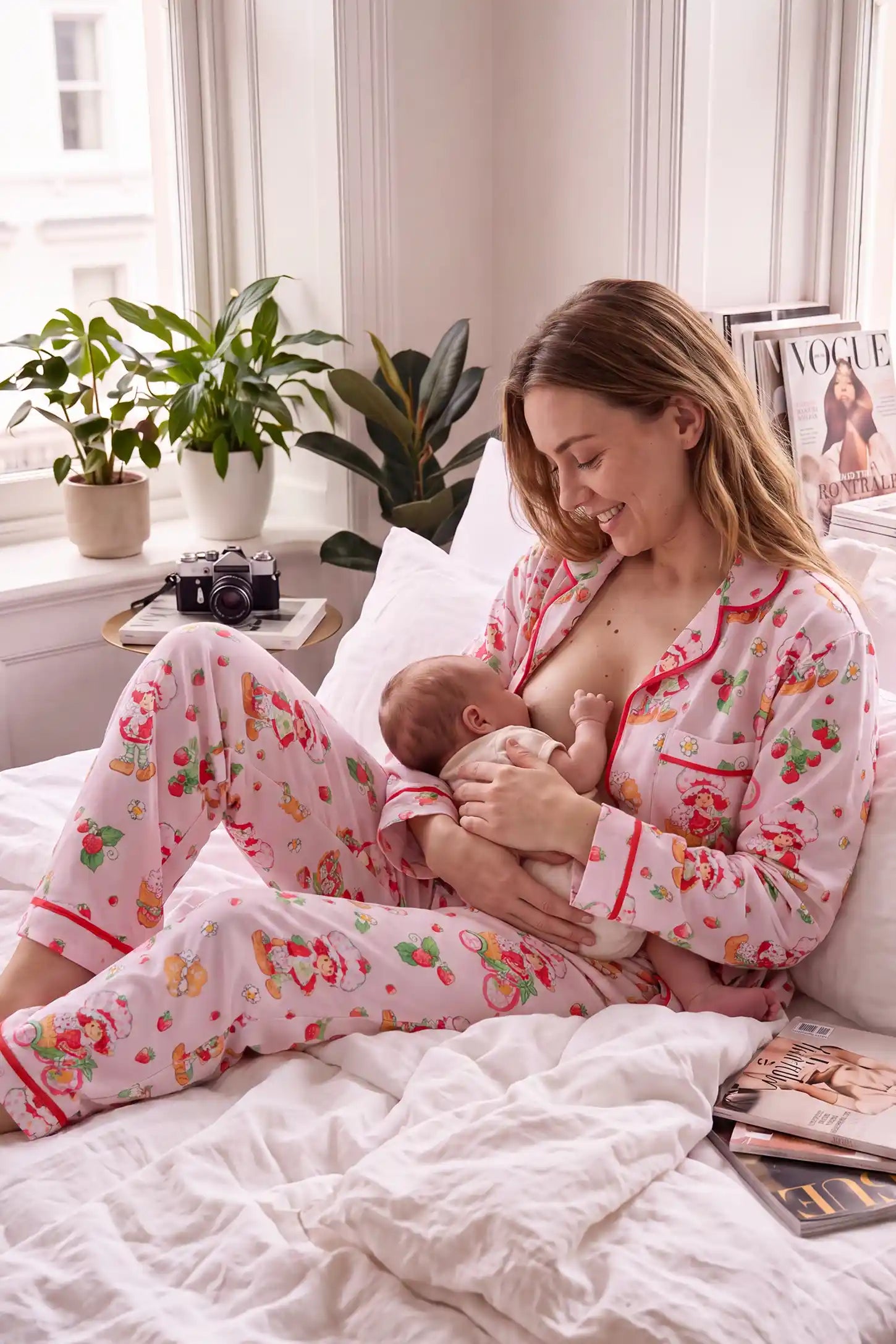 Strawberry Girl Print Satin Long Sleeve Pajama Set