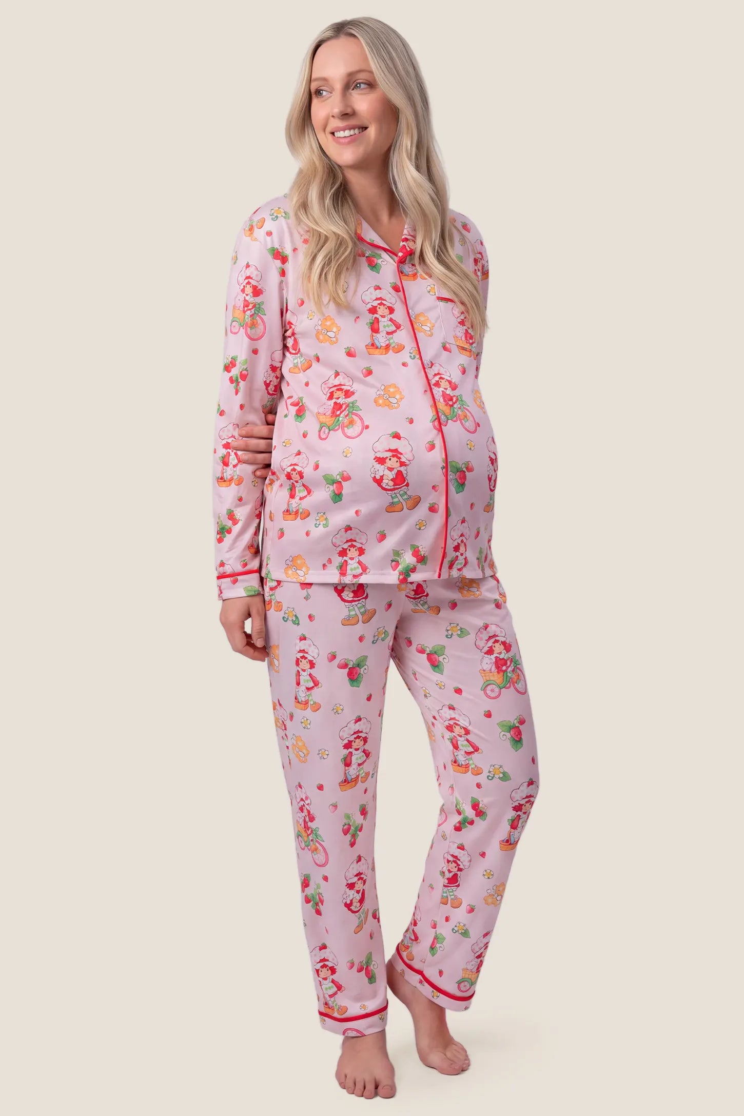 Strawberry Girl Print Satin Long Sleeve Pajama Set