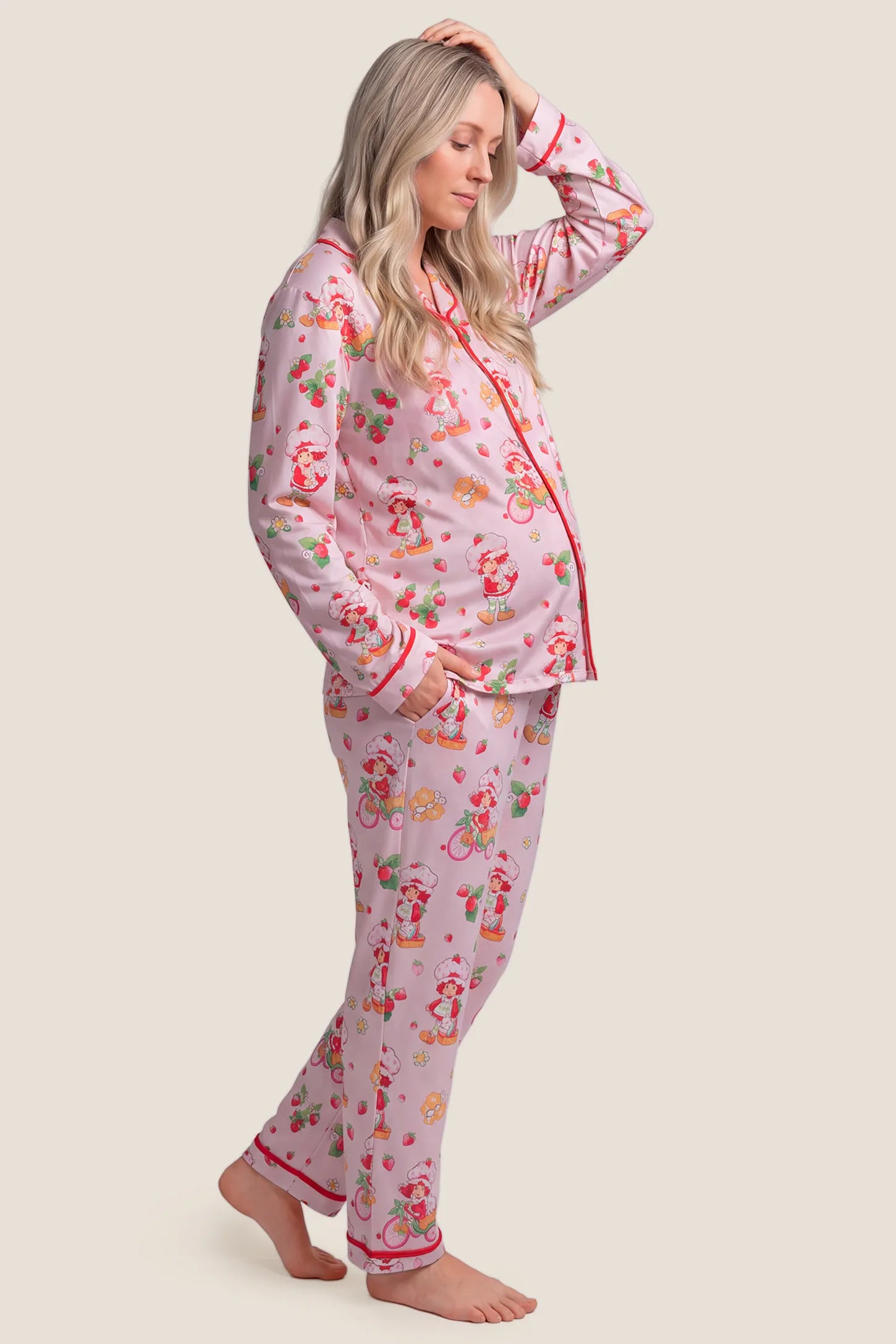 Strawberry Girl Print Satin Long Sleeve Pajama Set