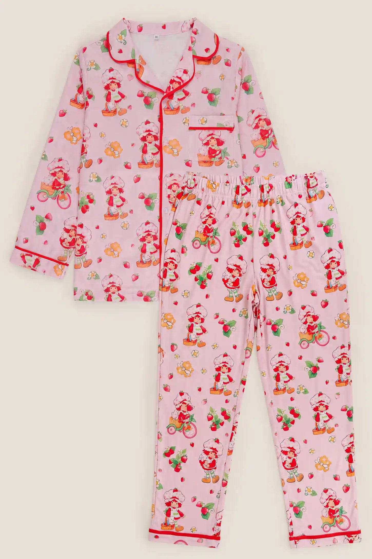 Strawberry Girl Print Satin Long Sleeve Pajama Set