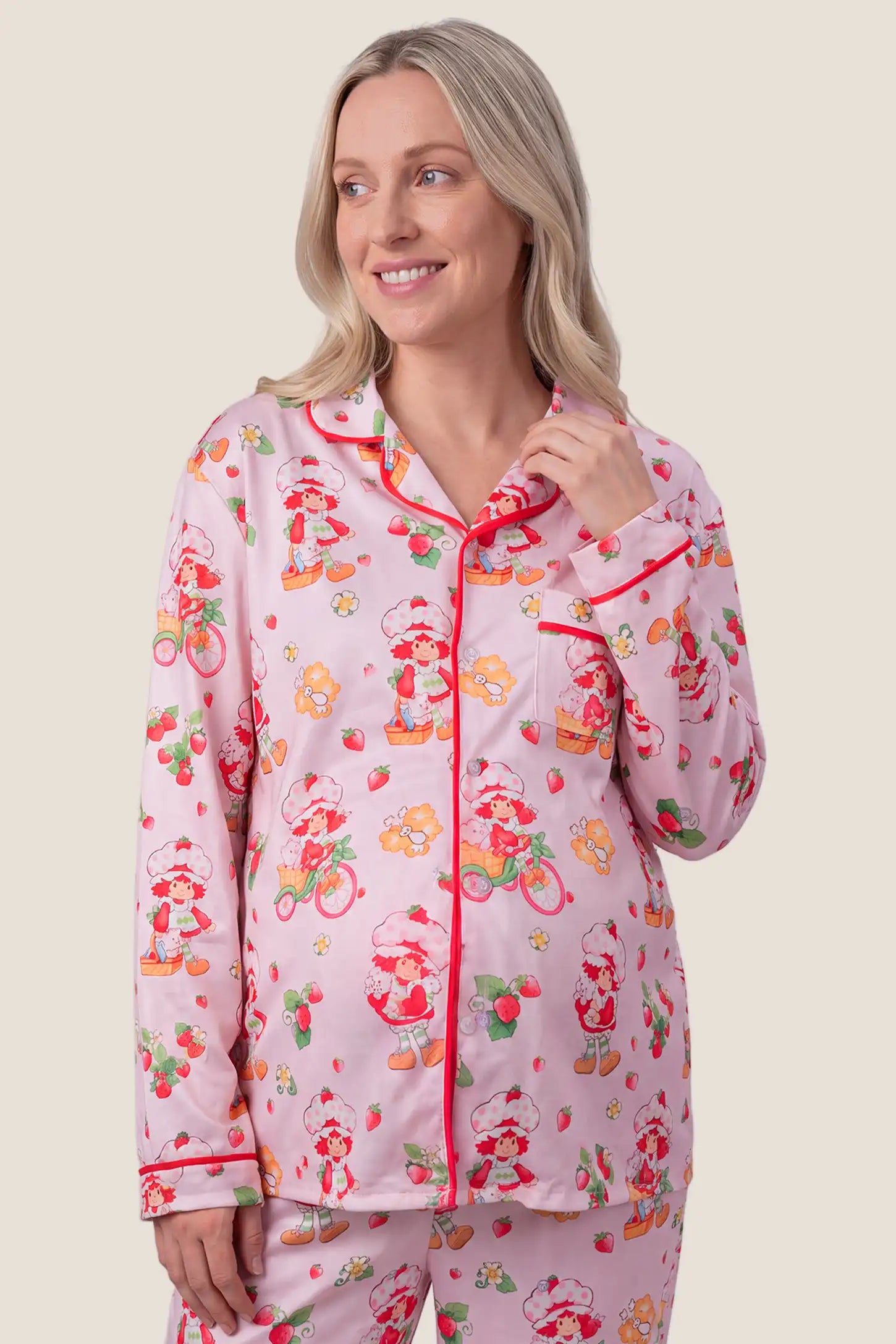 Strawberry Girl Print Satin Long Sleeve Pajama Set