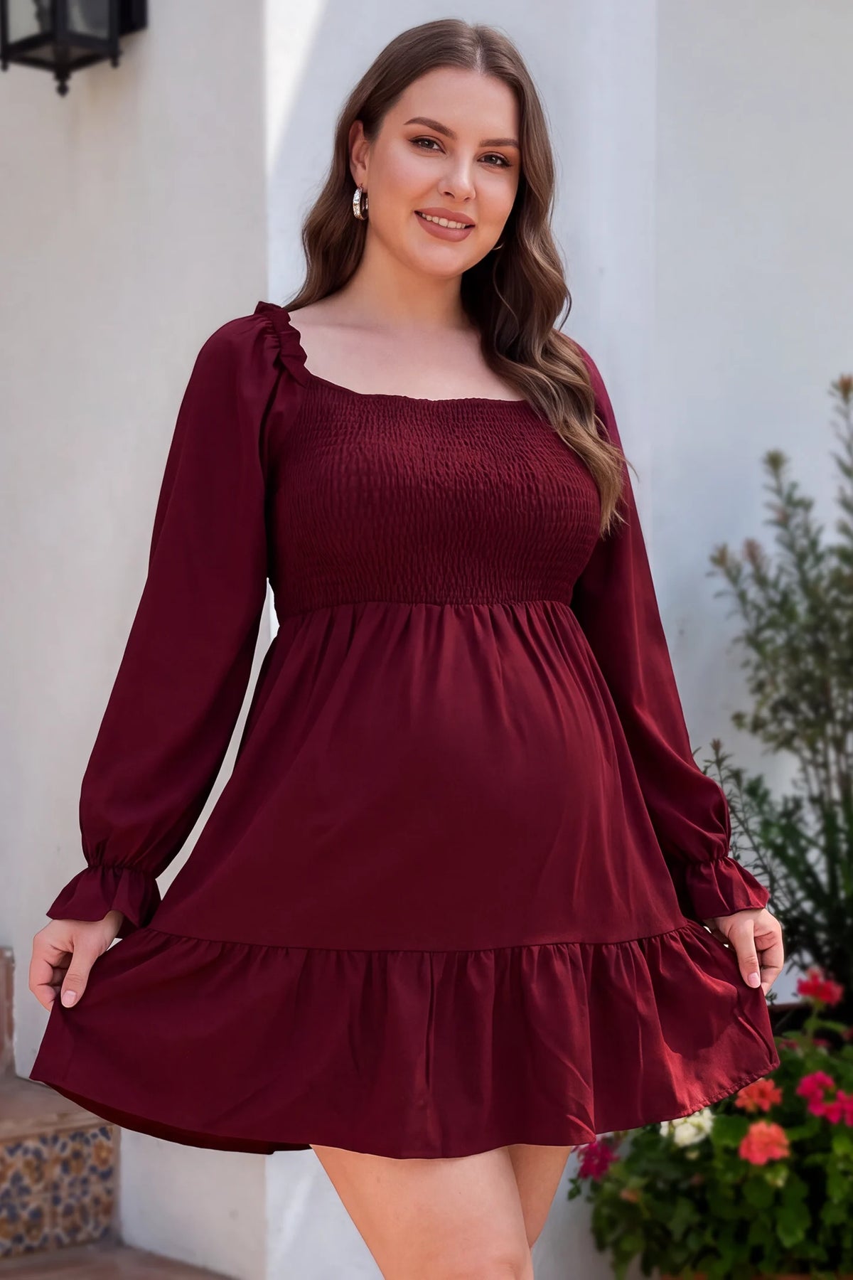 Square Neck Long Sleeve Smocked Maternity Mini Dress