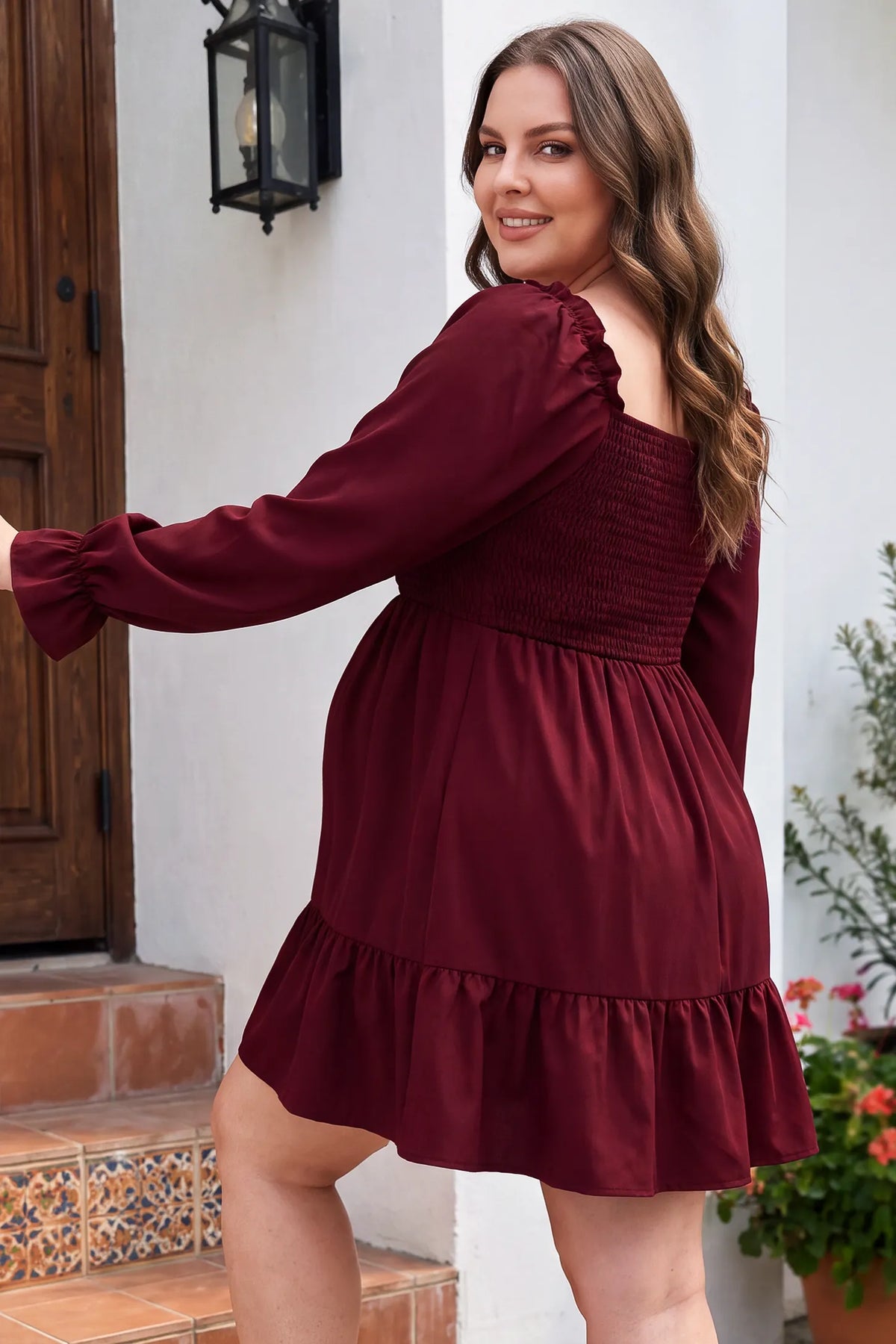 Square Neck Long Sleeve Smocked Maternity Mini Dress