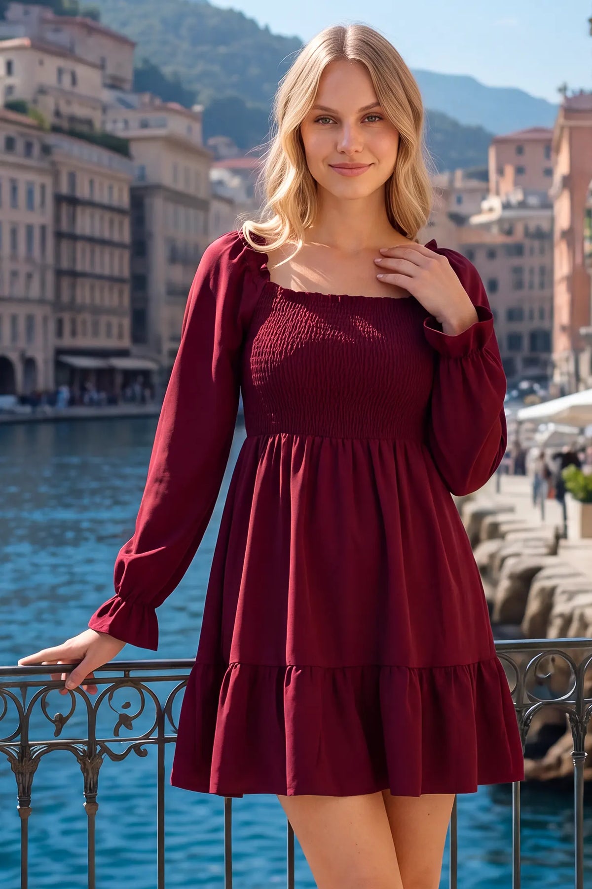 Square Neck Long Sleeve Smocked Maternity Mini Dress