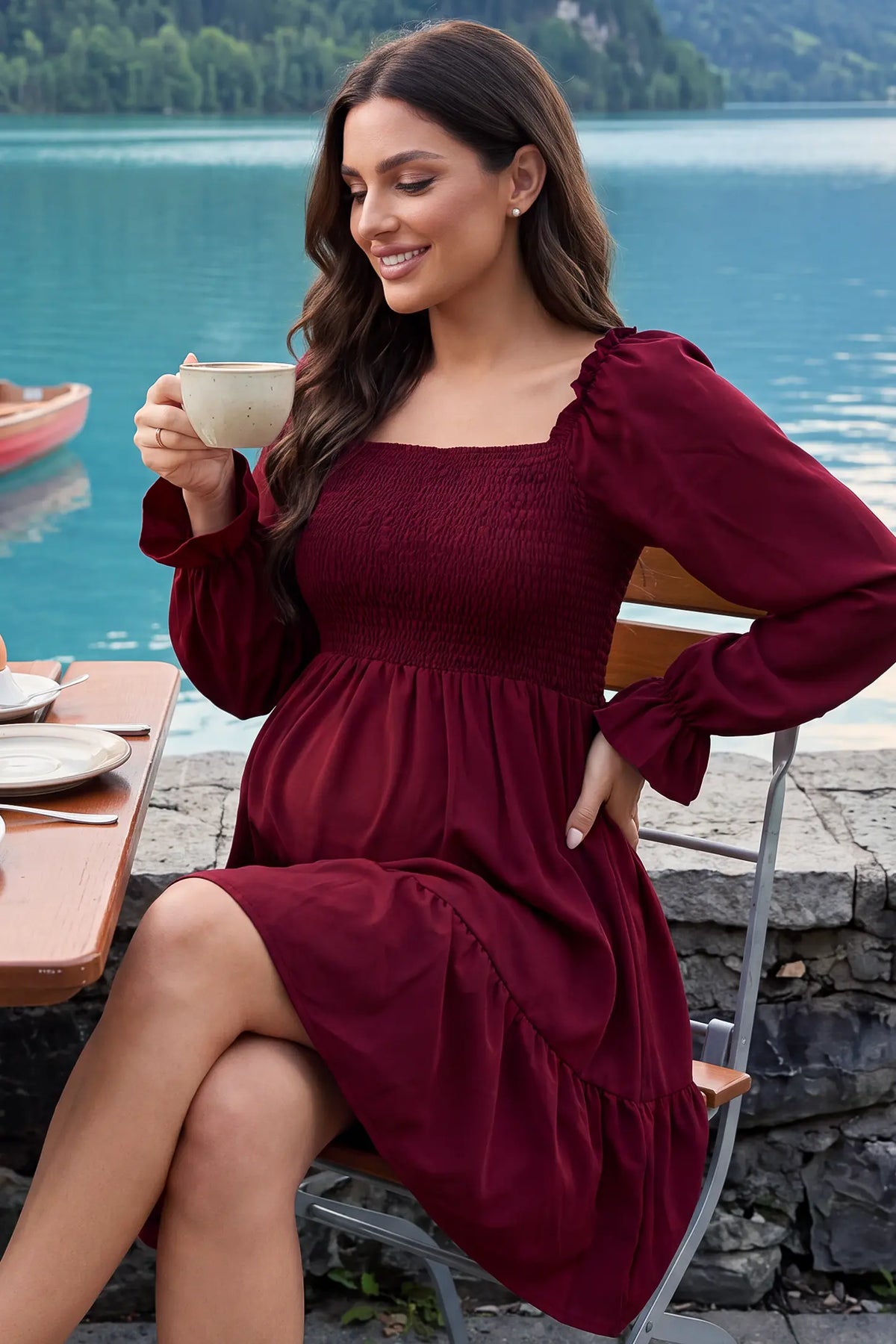 Square Neck Long Sleeve Smocked Maternity Mini Dress