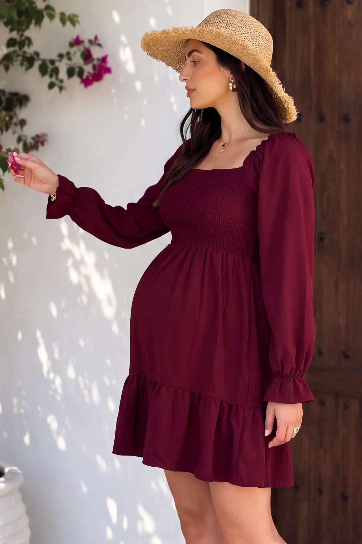 Square Neck Long Sleeve Smocked Maternity Mini Dress