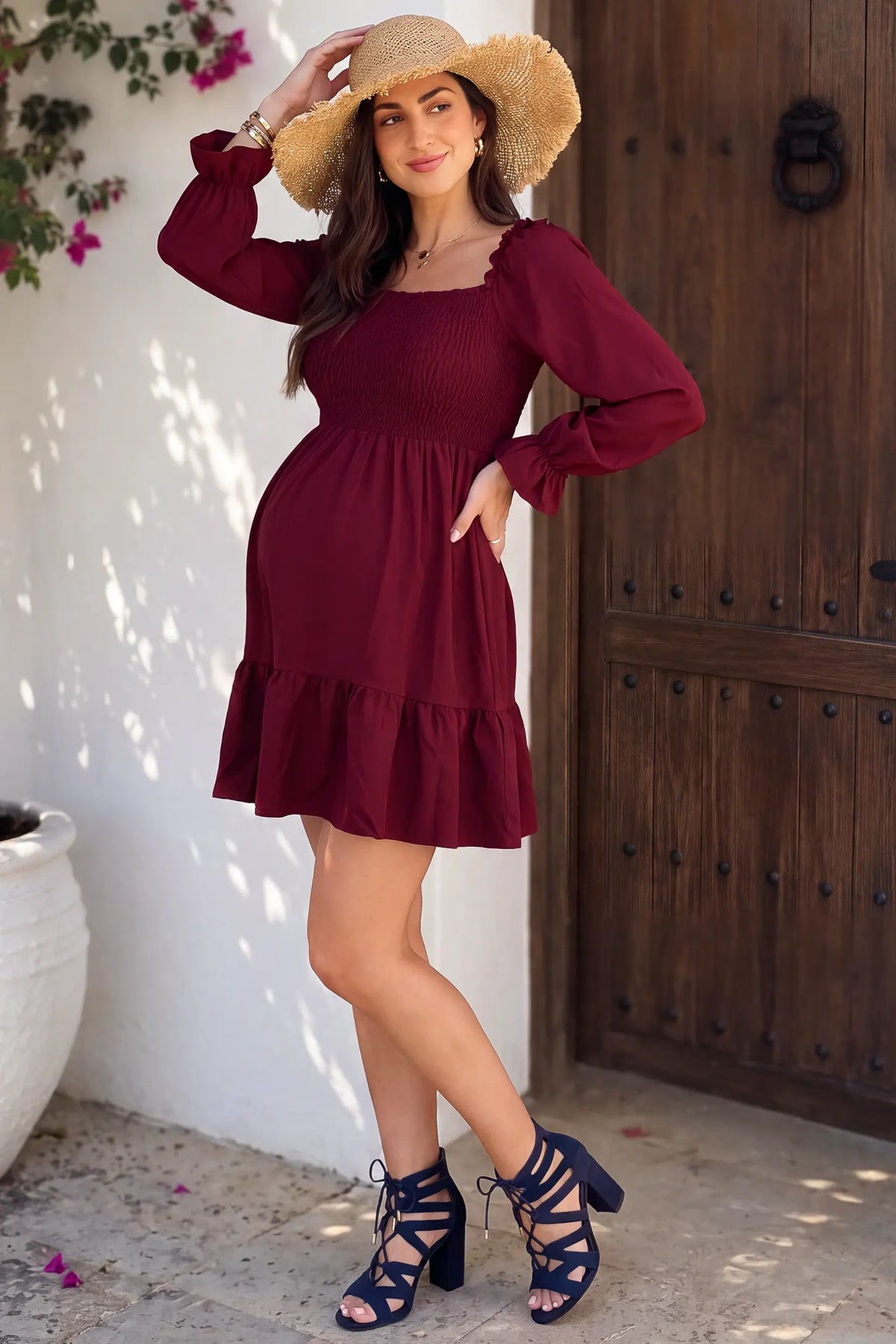 Square Neck Long Sleeve Smocked Maternity Mini Dress