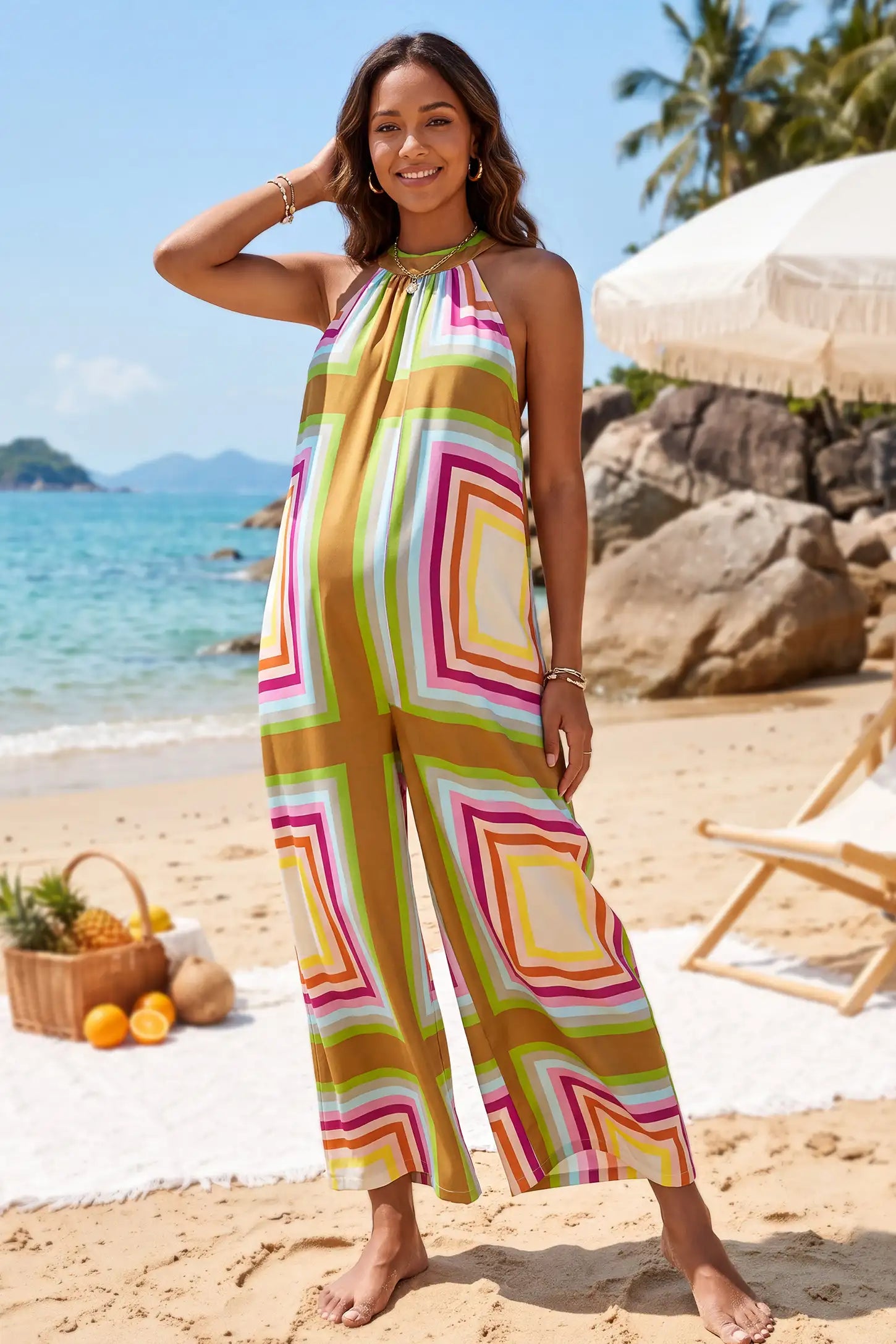 Boho Geometric Print Maternity Wide Leg Jumpsuit