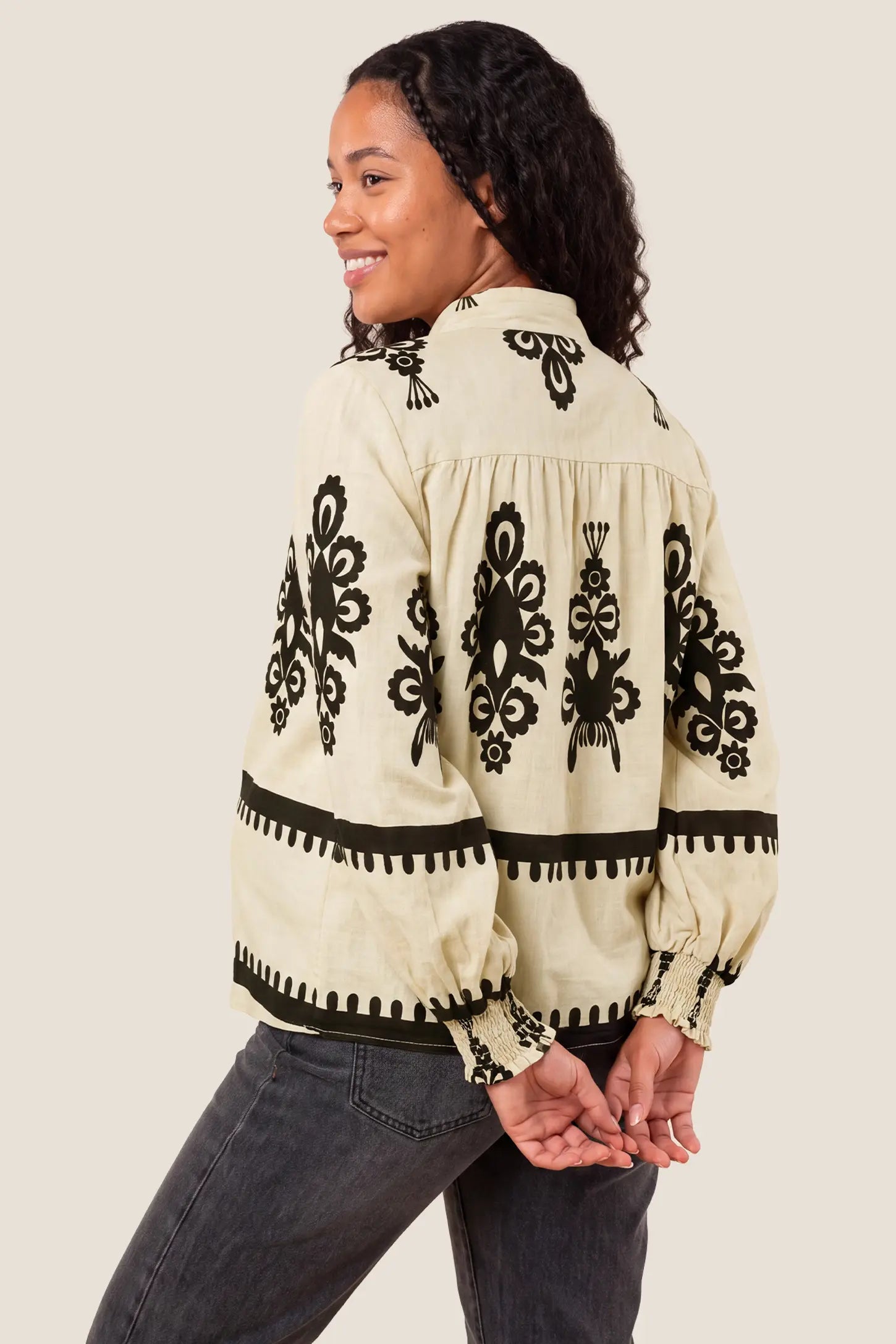 Boho Print Smocked-Cuff Maternity Blouse