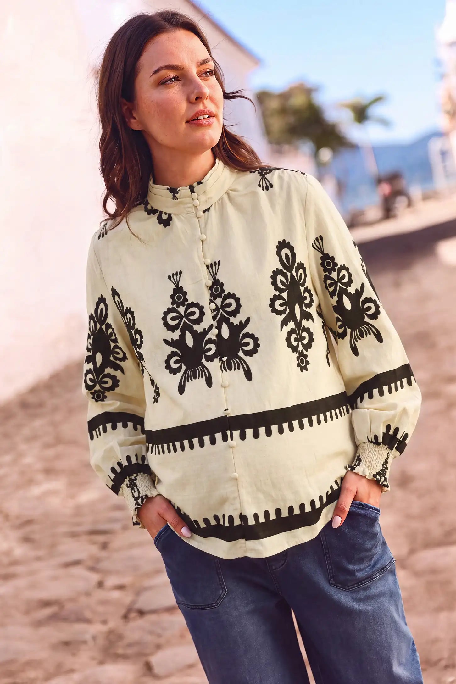 Boho Print Smocked-Cuff Maternity Blouse