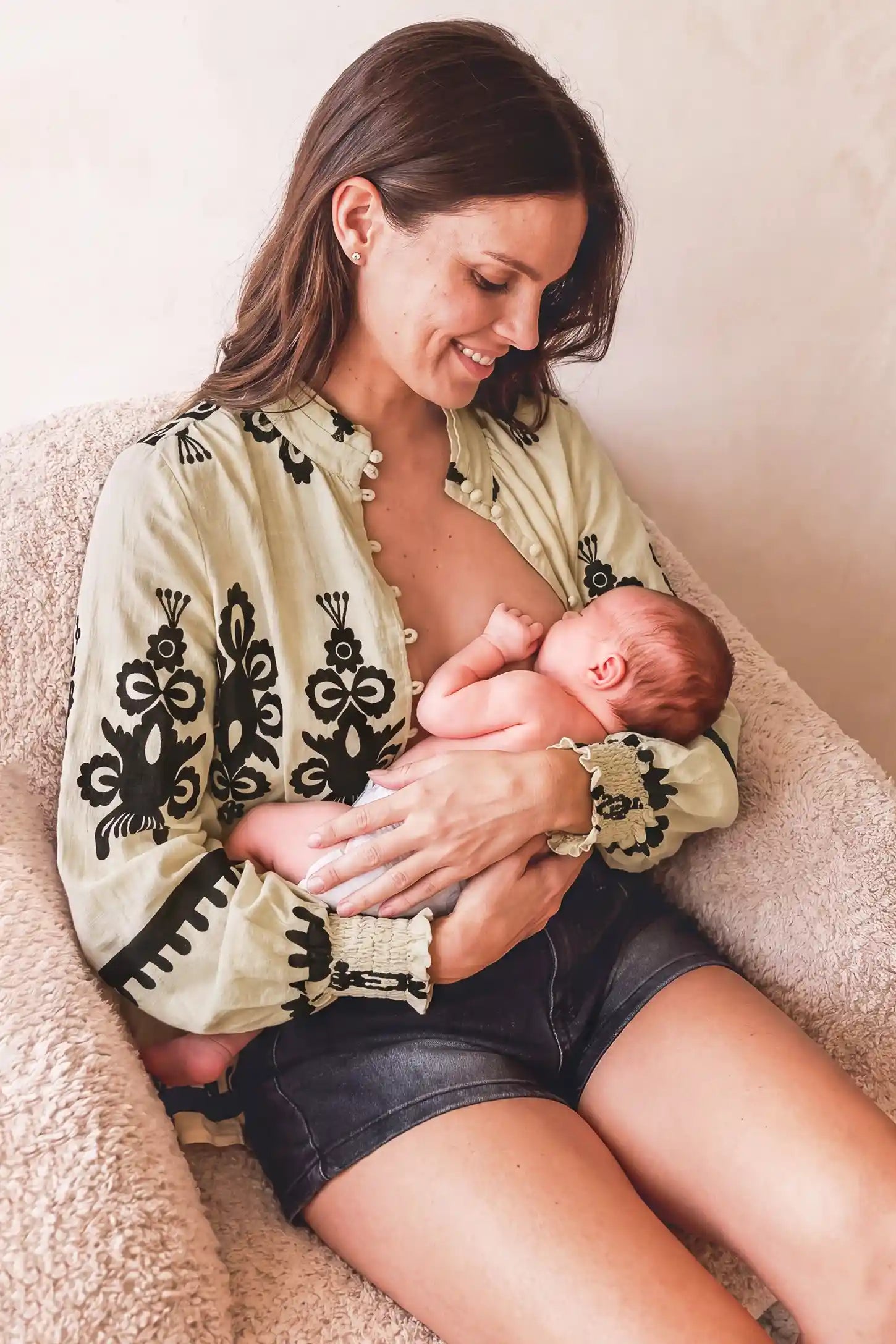 Boho Print Smocked-Cuff Maternity Blouse