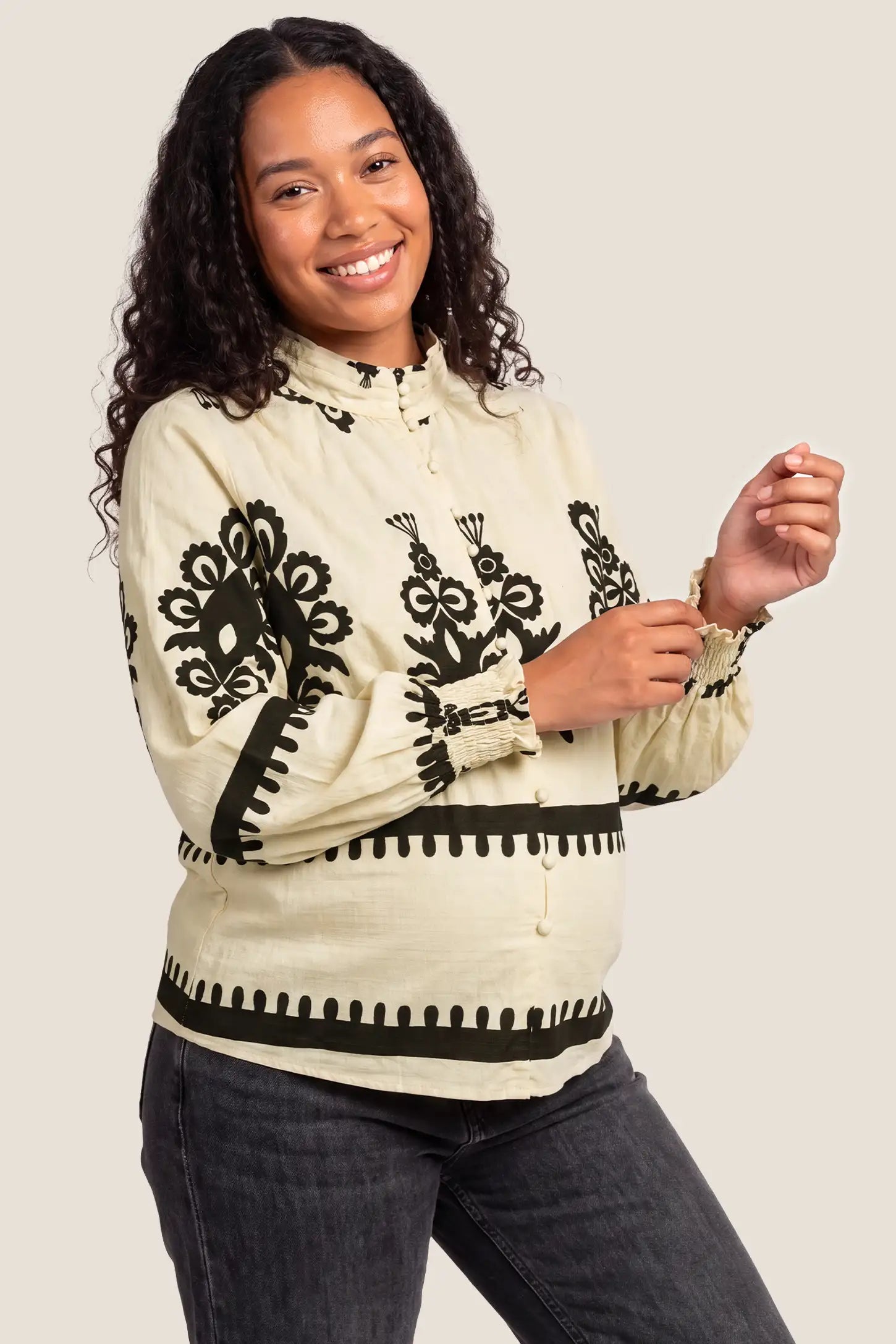 Boho Print Smocked-Cuff Maternity Blouse