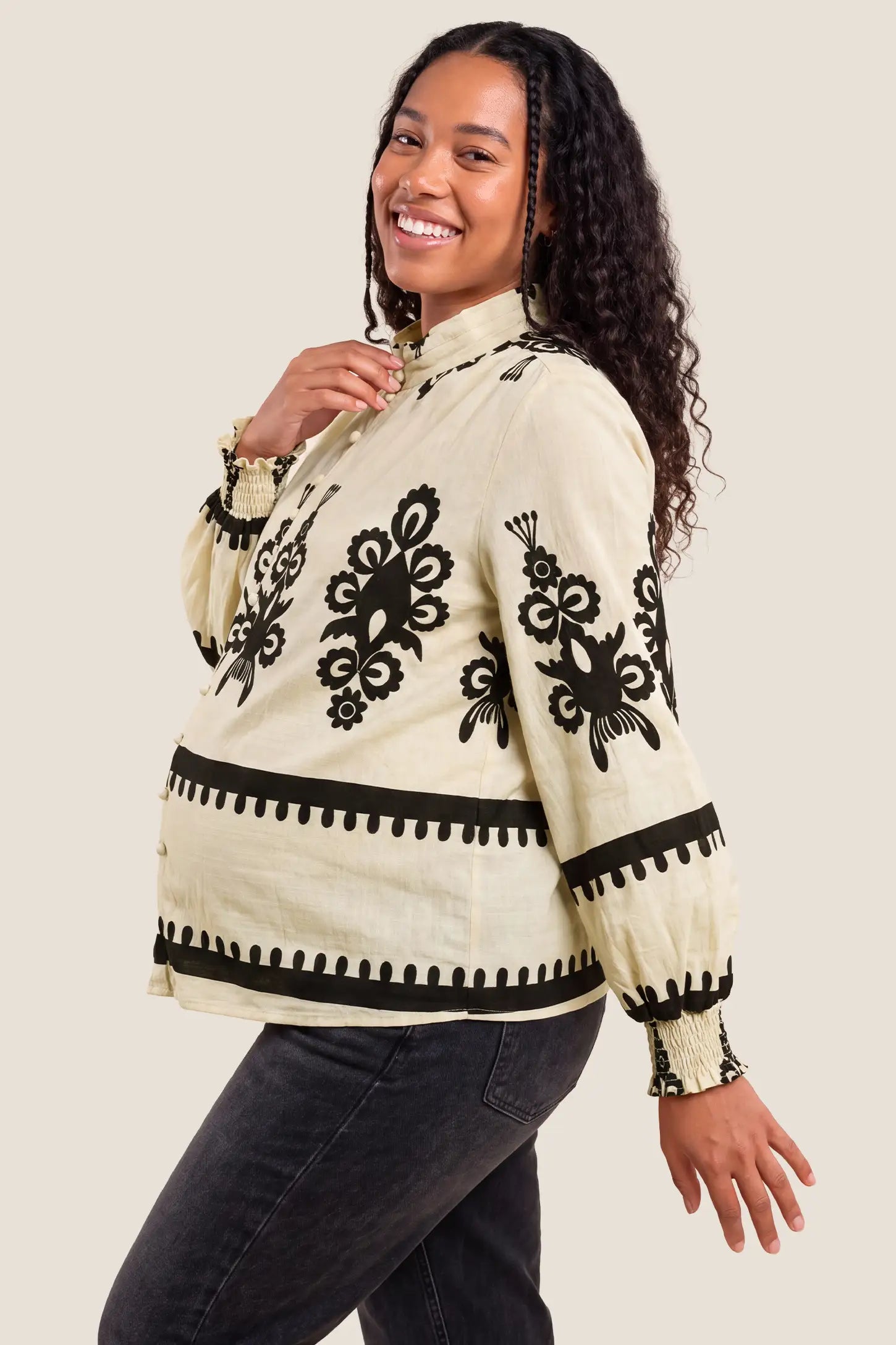 Boho Print Smocked-Cuff Maternity Blouse