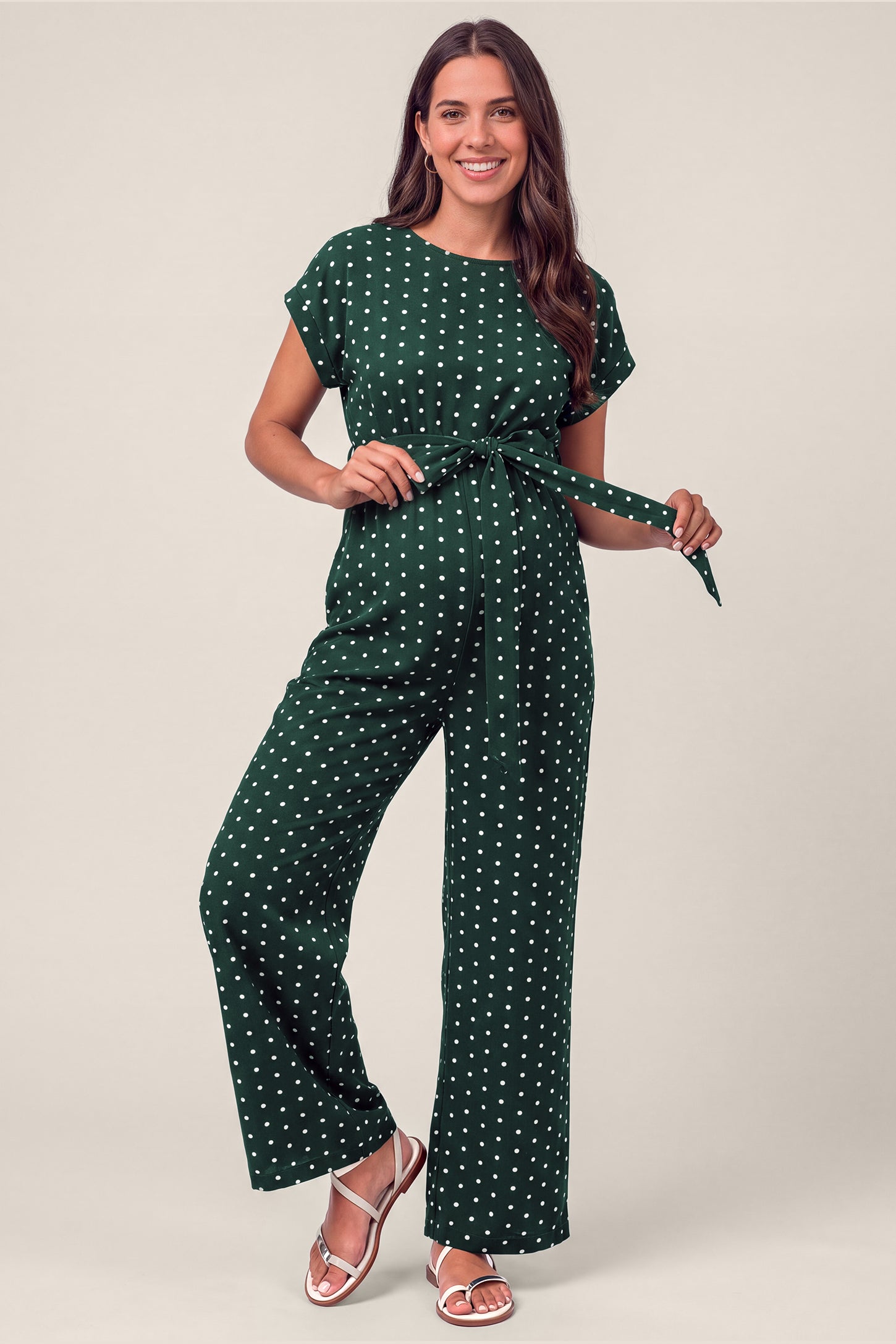 Polka Dot Tie Waist Maternity Wide Leg Jumpsuit