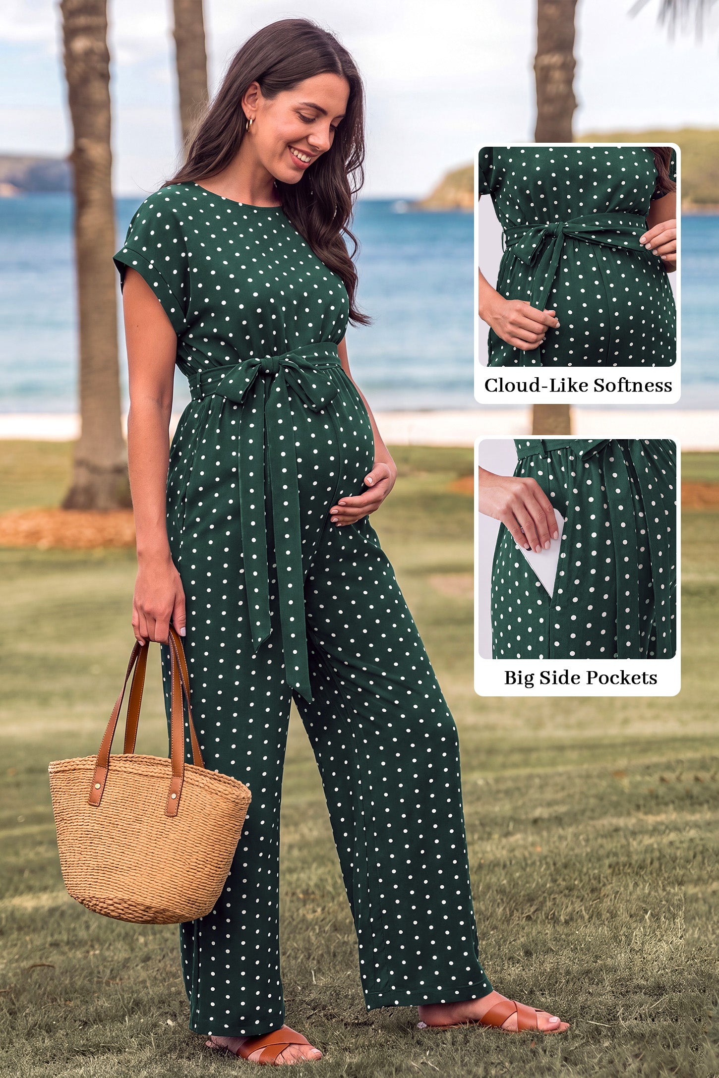 Polka Dot Tie Waist Maternity Wide Leg Jumpsuit