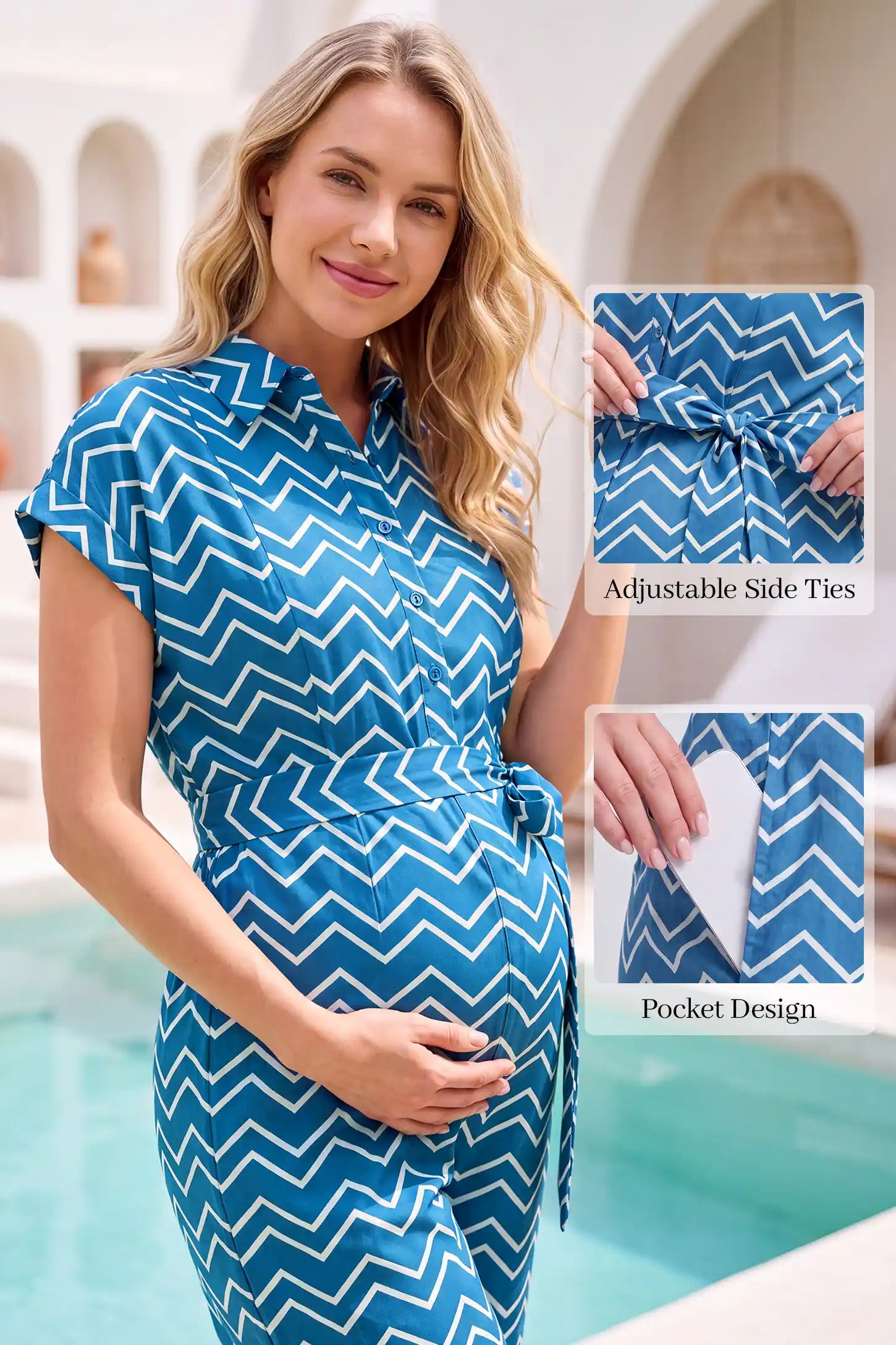 Blue Tie Waist Pocket Maternity Jumpsuit