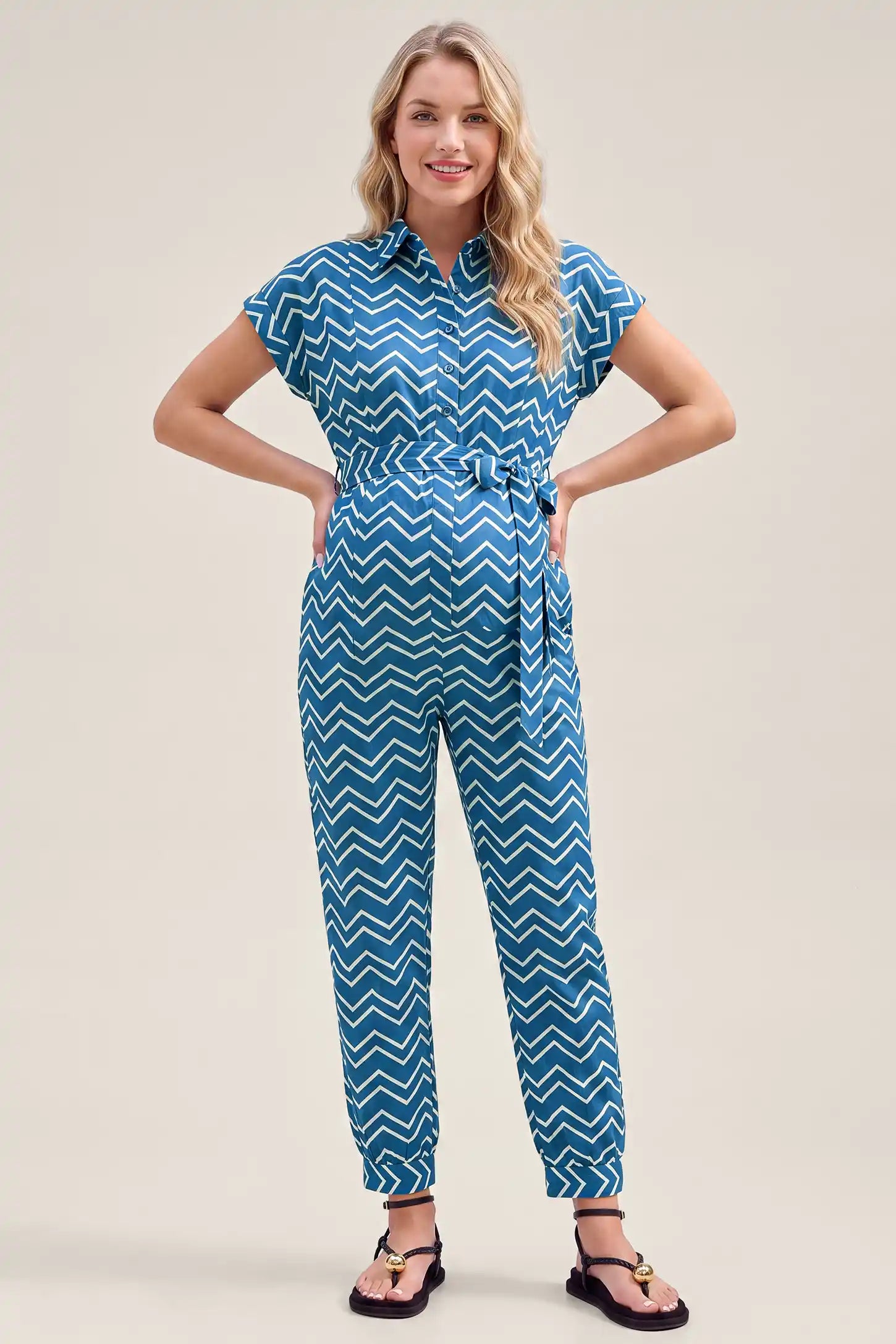 Blue Tie Waist Pocket Maternity Jumpsuit