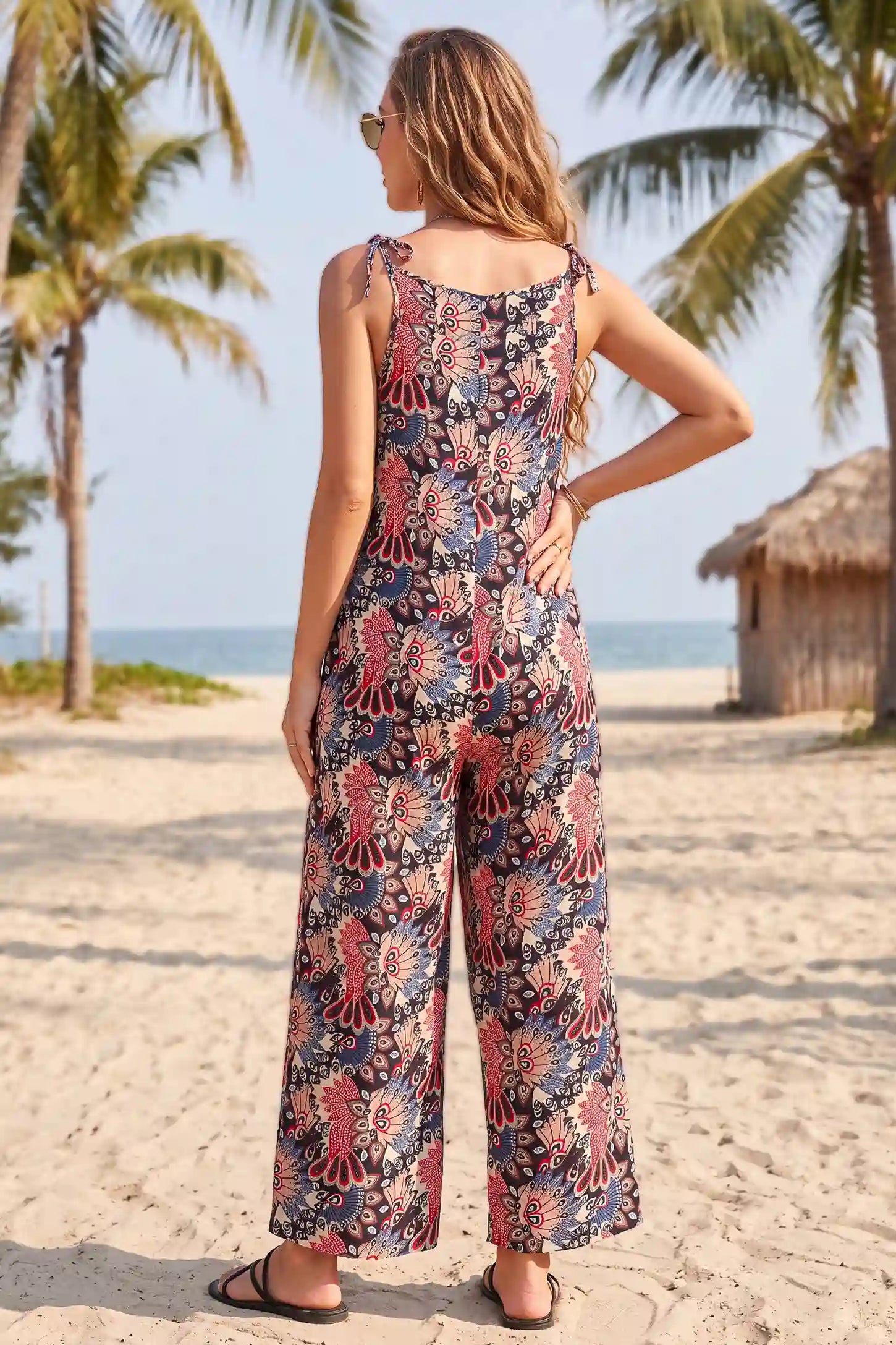 Boho Print Adjustable Strap Pocket Maternity Wide Leg Jumpsuit
