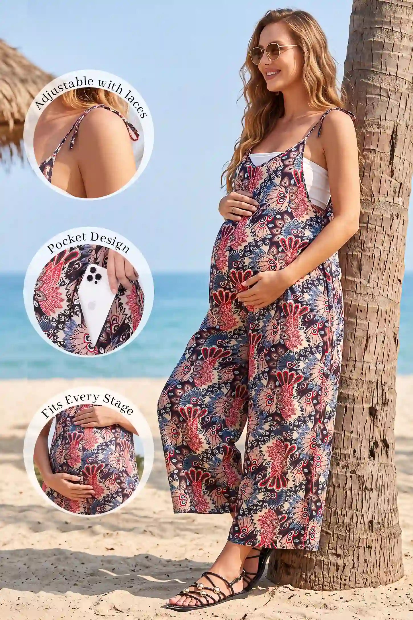 Boho Print Adjustable Strap Pocket Maternity Wide Leg Jumpsuit